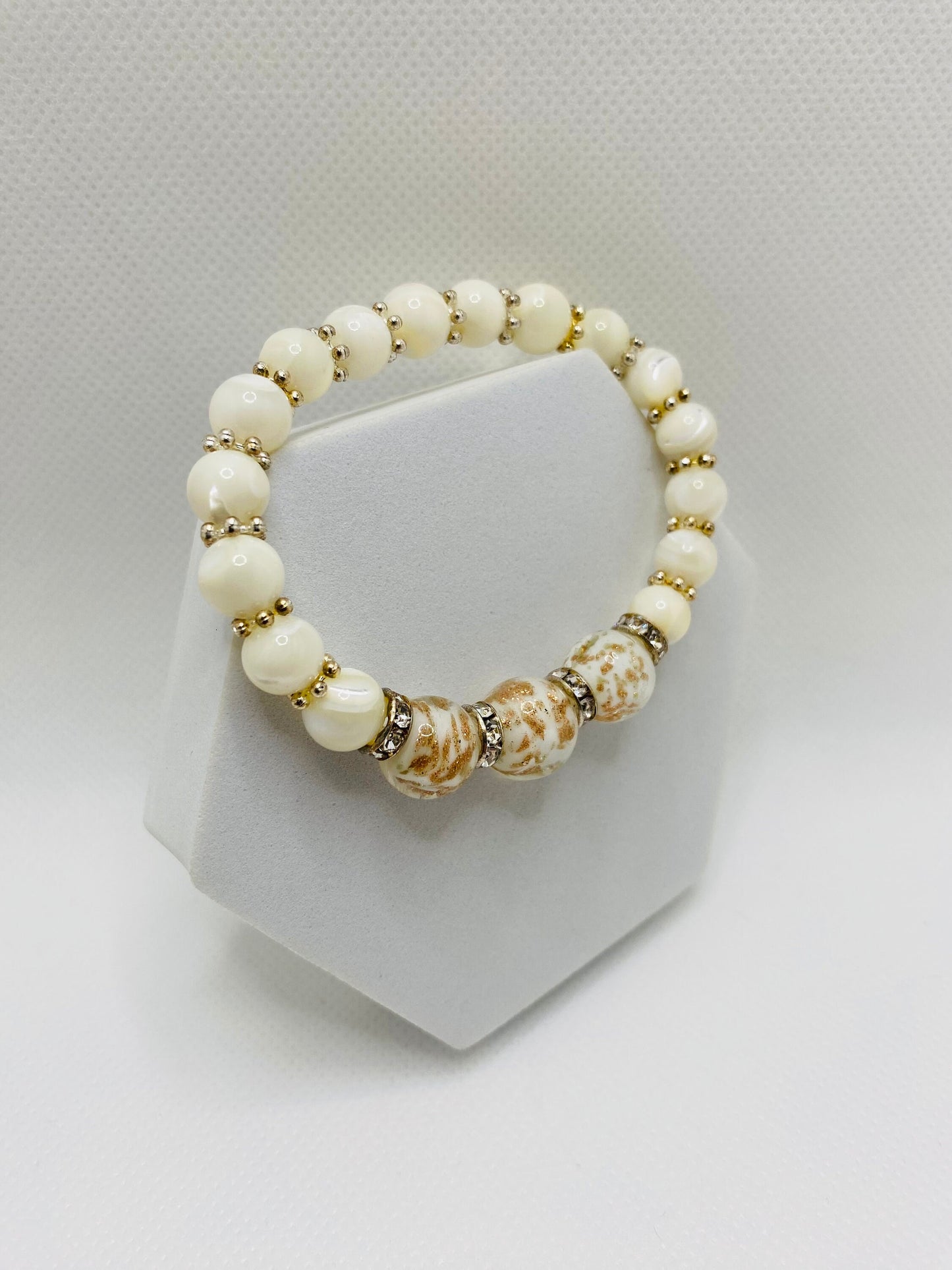 Handmade Mother of Pearl Bracelet: Lampwork Glass Beads, Silver Snowflakes