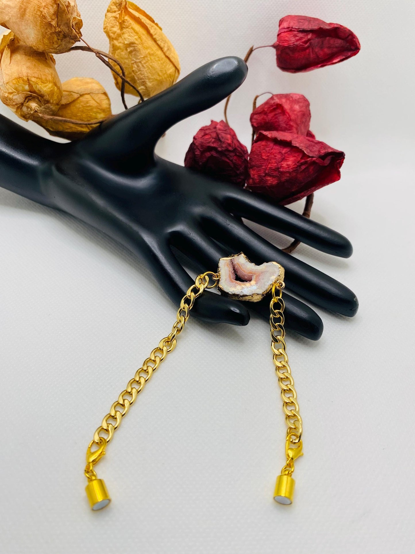 Handmade 18k Gold Cuban Link Bracelet: Geode Agate Gemstone, Magnetic Clasp