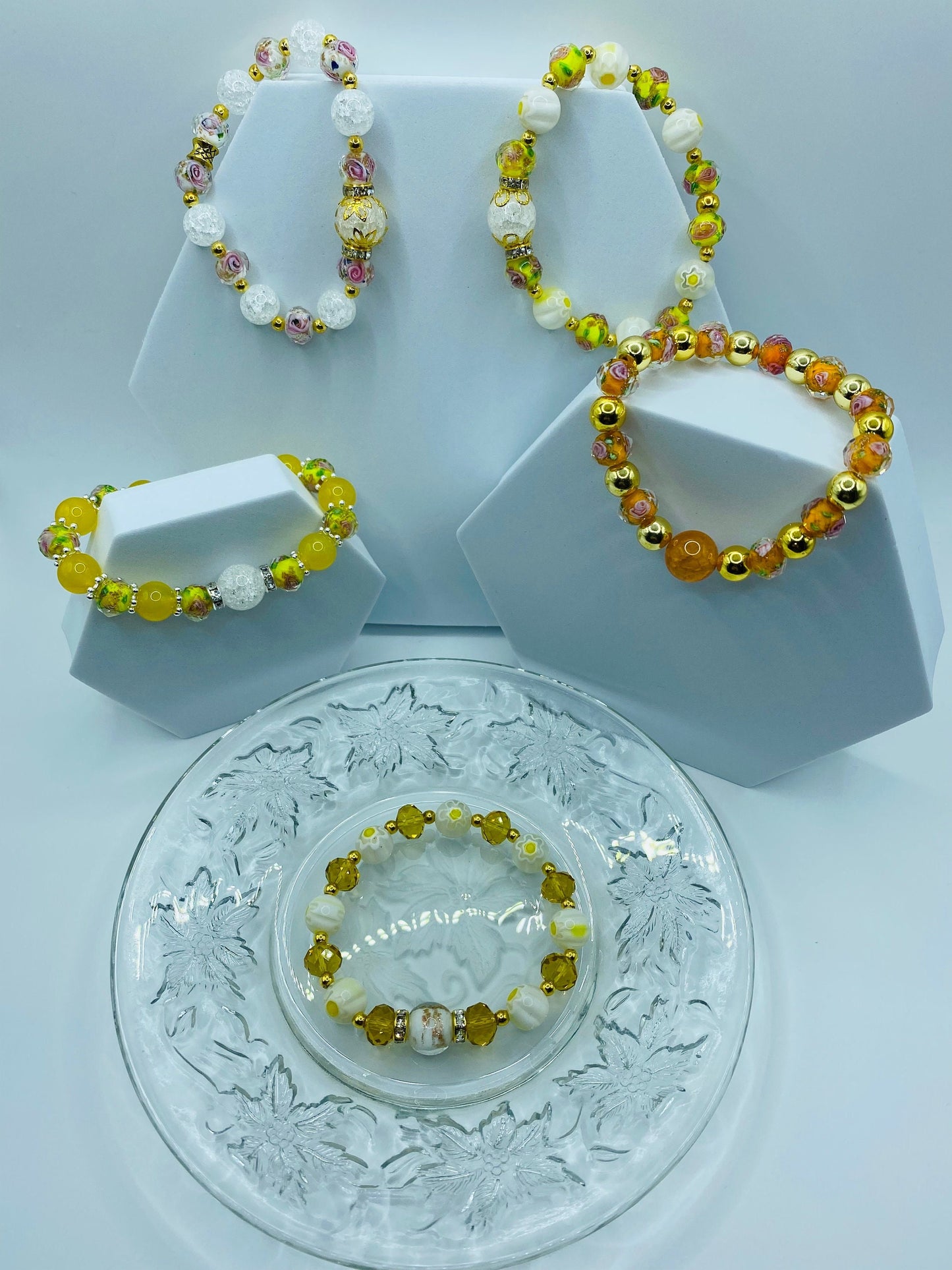 Lampwork Glass Bead Bracelet: Crystal & 18k Gold Hematite