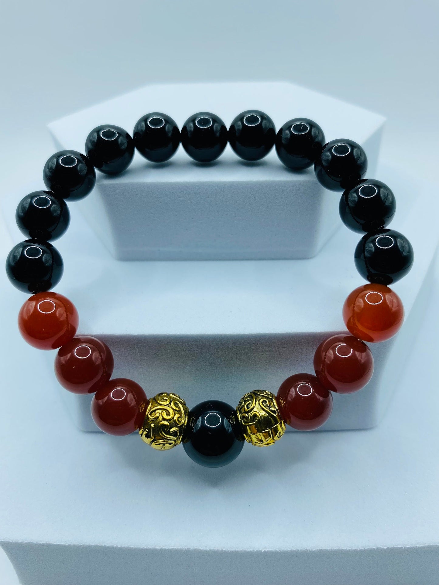 Black Onyx & Red Carnelian Beaded Bracelet - Tibetan Spacer Beads