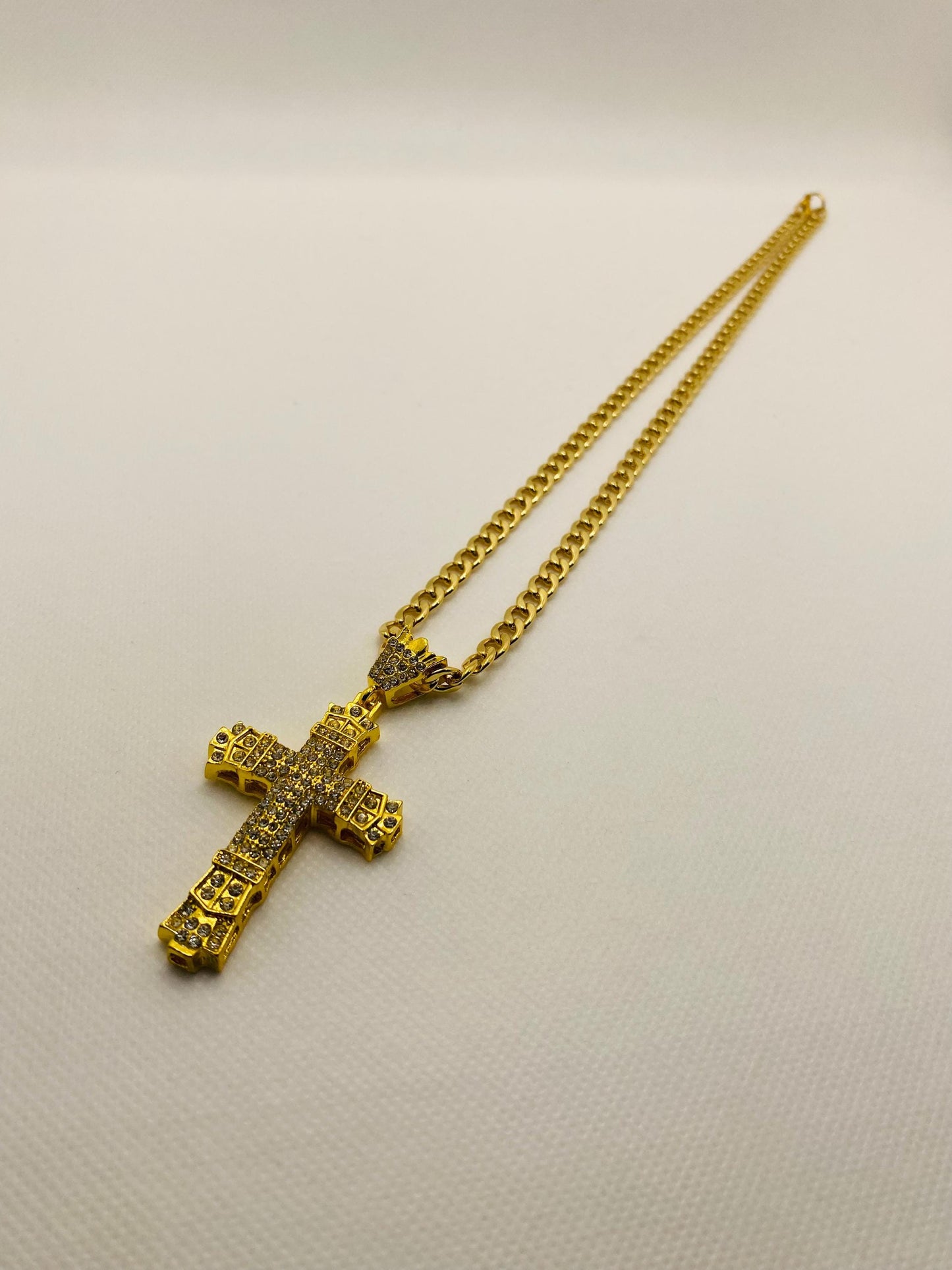 Gold Cross Necklace: Rhinestone Cuban Link Chain, Religious Jewelry