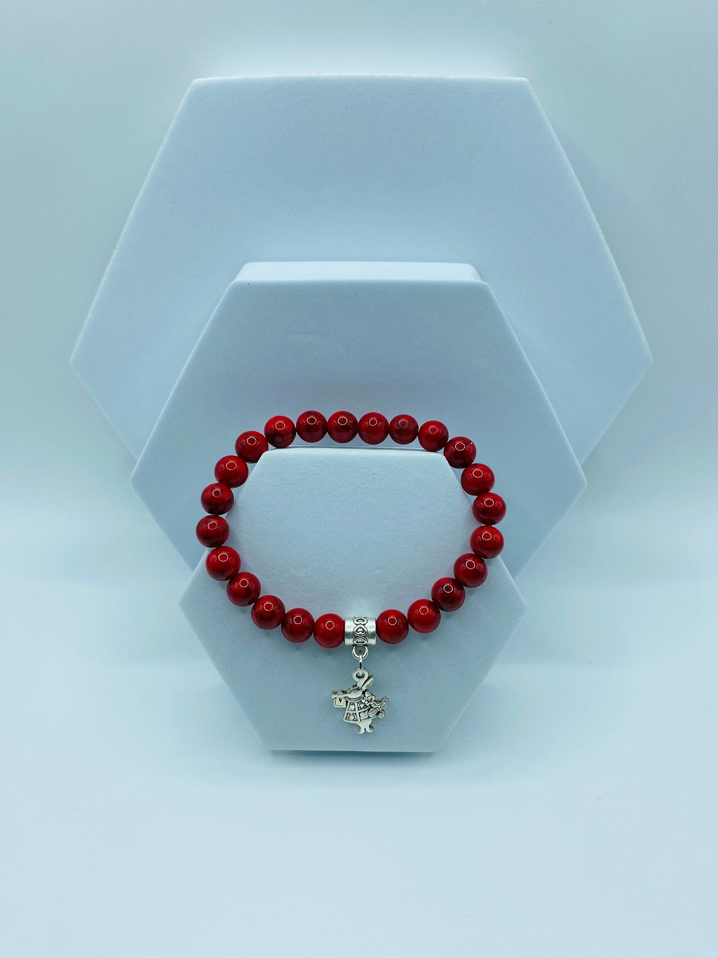 Charm Bracelet Alice in Wonderland Bad Bunny, Turquoise Gemstone Beaded Bracelet