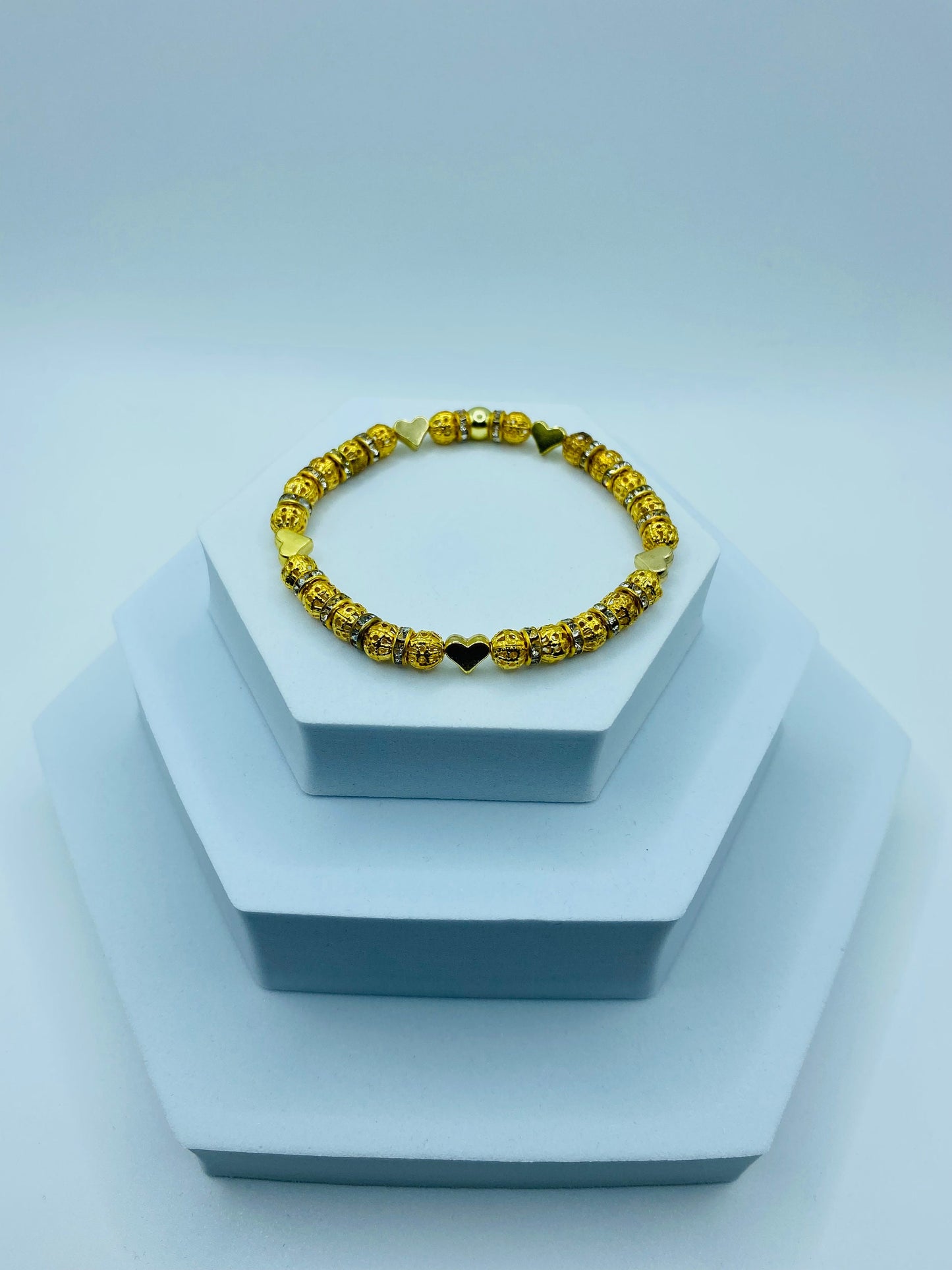 Gold Plated Heart Charm Bracelet: Rhinestone Beaded Jewelry