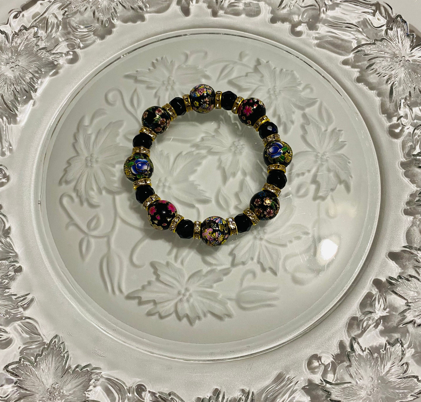 Black Onyx Bracelet: Hand-Painted Floral Glass Beads, 18k Gold Rhinestone