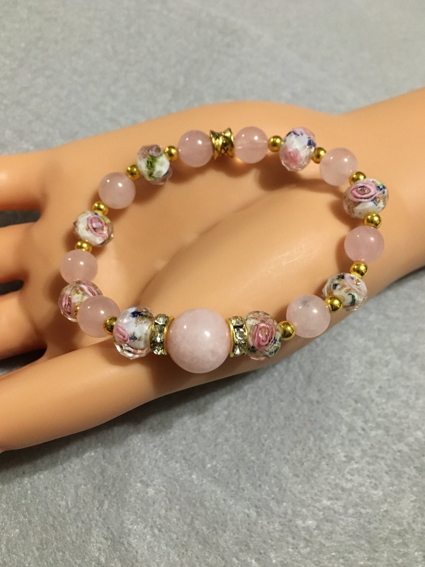 Handmade Rose Quartz Bracelet: Lampwork Floral Glass Beads
