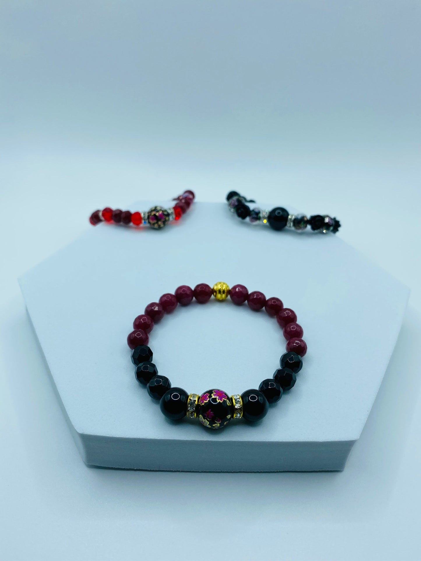 Black Onyx & Red Jade Gemstone Bracelet with Floral Lampwork Bead