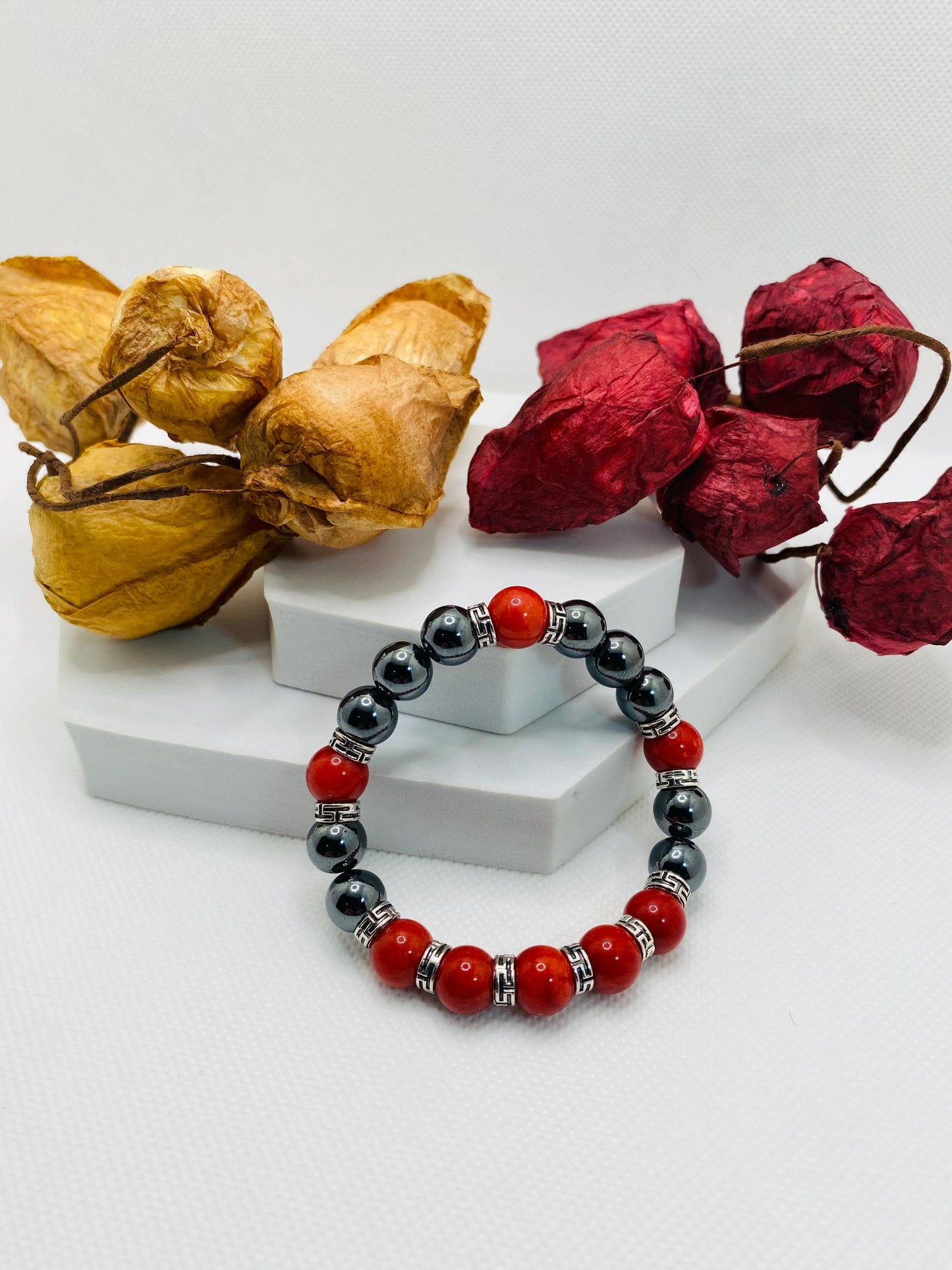 Men's Hematite Bracelet: Red Coral Beads, Tibetan Jewelry