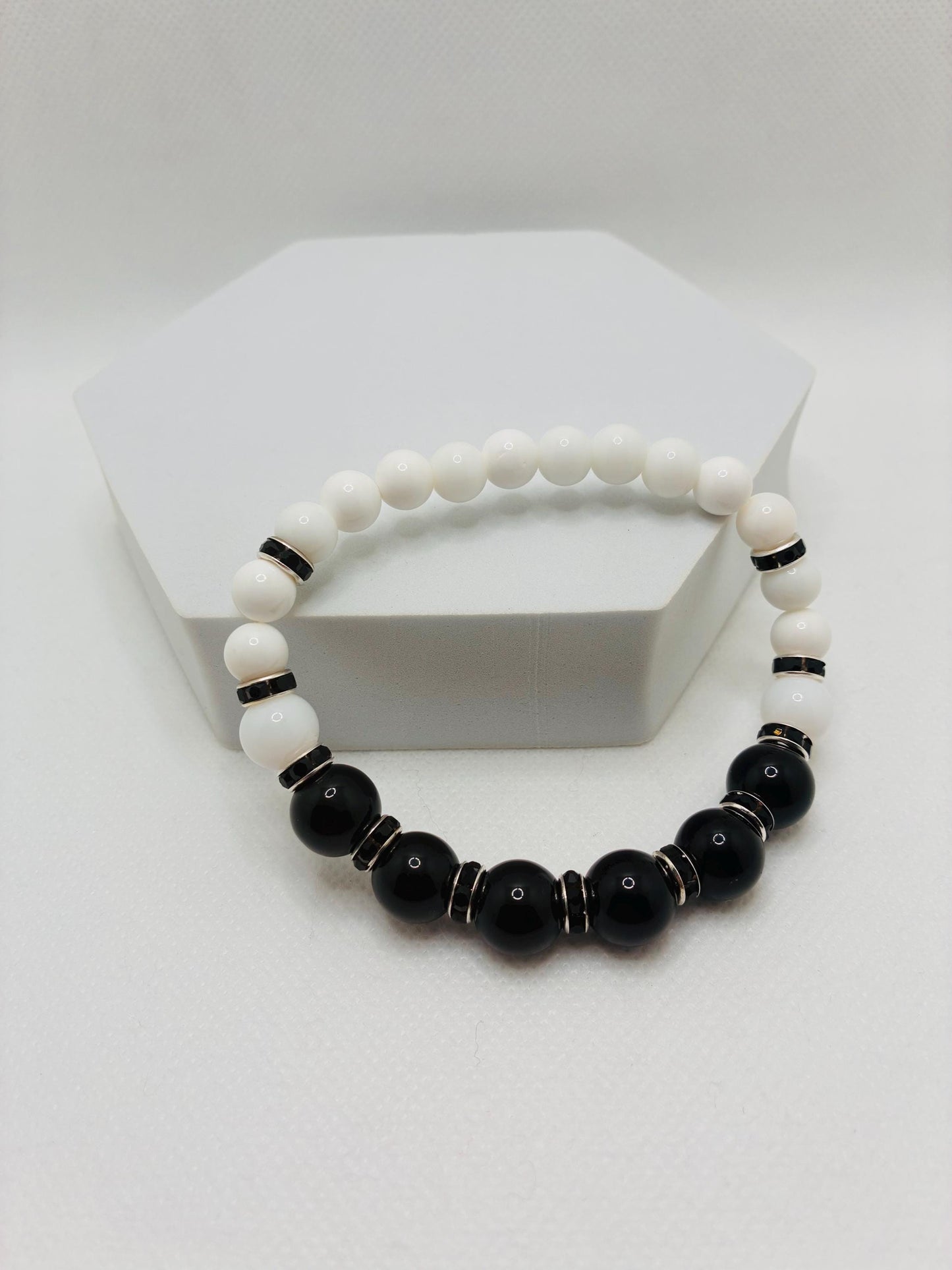 Onyx Gemstone Beaded Bracelet: Black & White Rhinestone Handmade Jewelry
