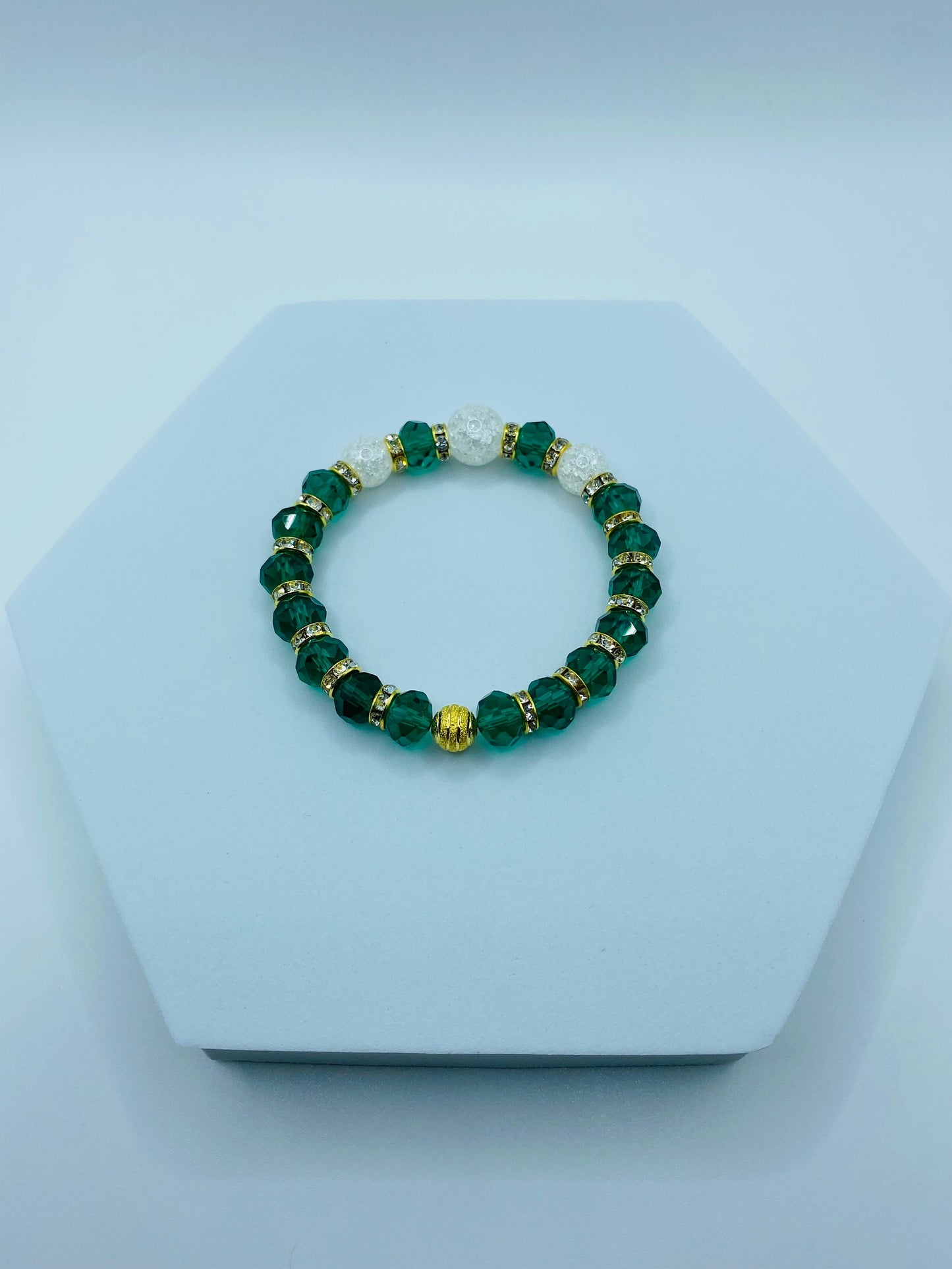 Emerald Green Crystal Bracelet: Crackle Quartz & Rhinestone Rondelles