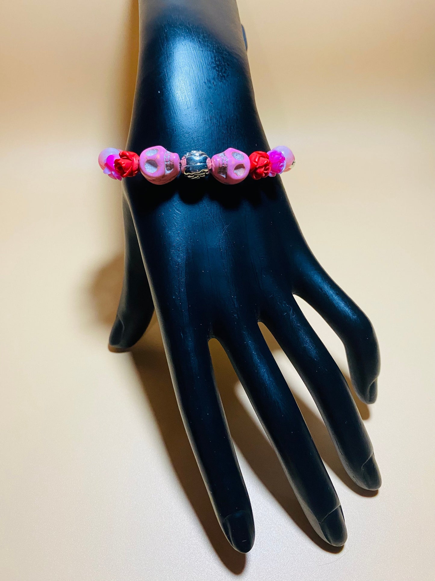 Day of the Dead Religious Jewelry, Jade Bracelet with Skull Beads & Roses, Flower Bracelet