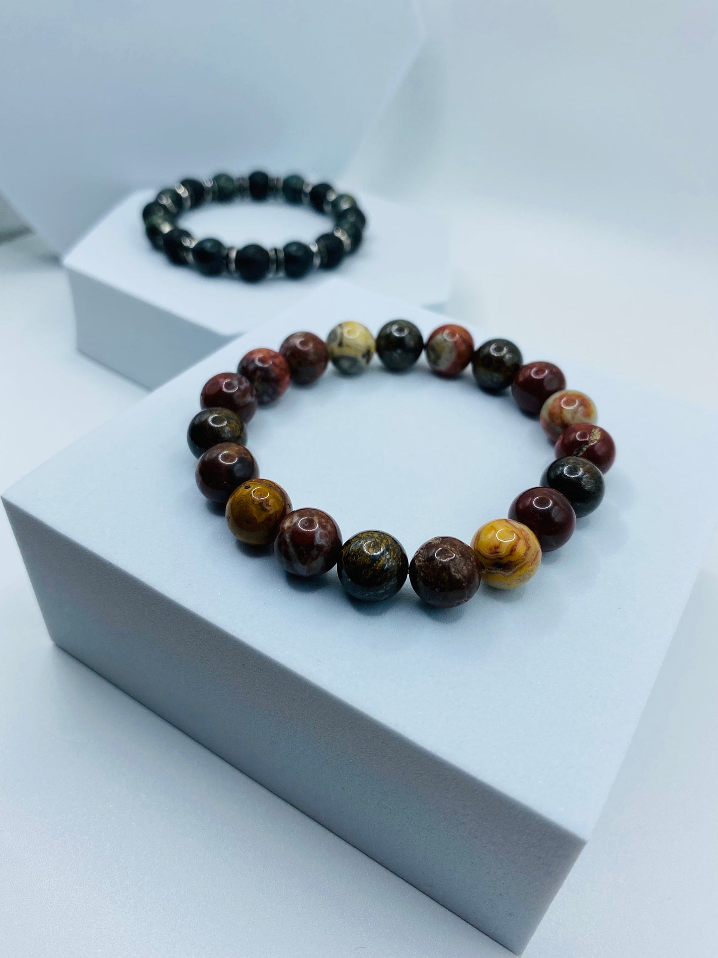 Handmade Red Jasper Stone Bracelet: Bronzite & Agate Gemstone Beads