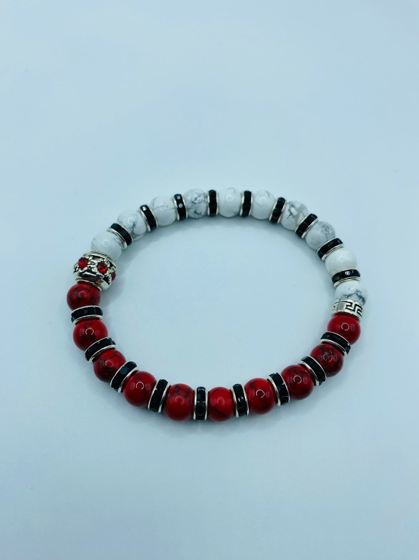 Red Turquoise & Howlite Beaded Bracelet: Silver Rhinestone Charm
