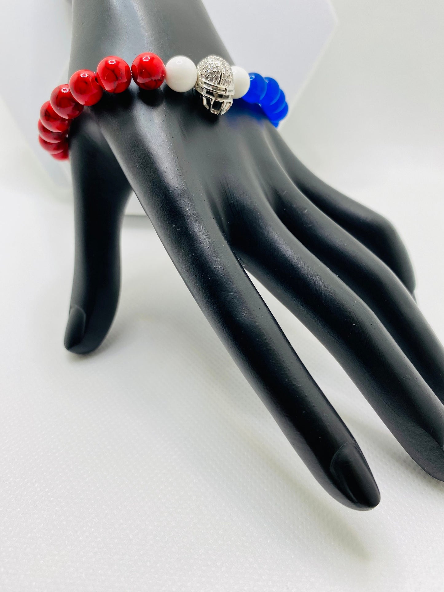 Buffalo Bills Beaded Bracelet: Red Turquoise, Blue Chalcedony, Football Helmet Charm