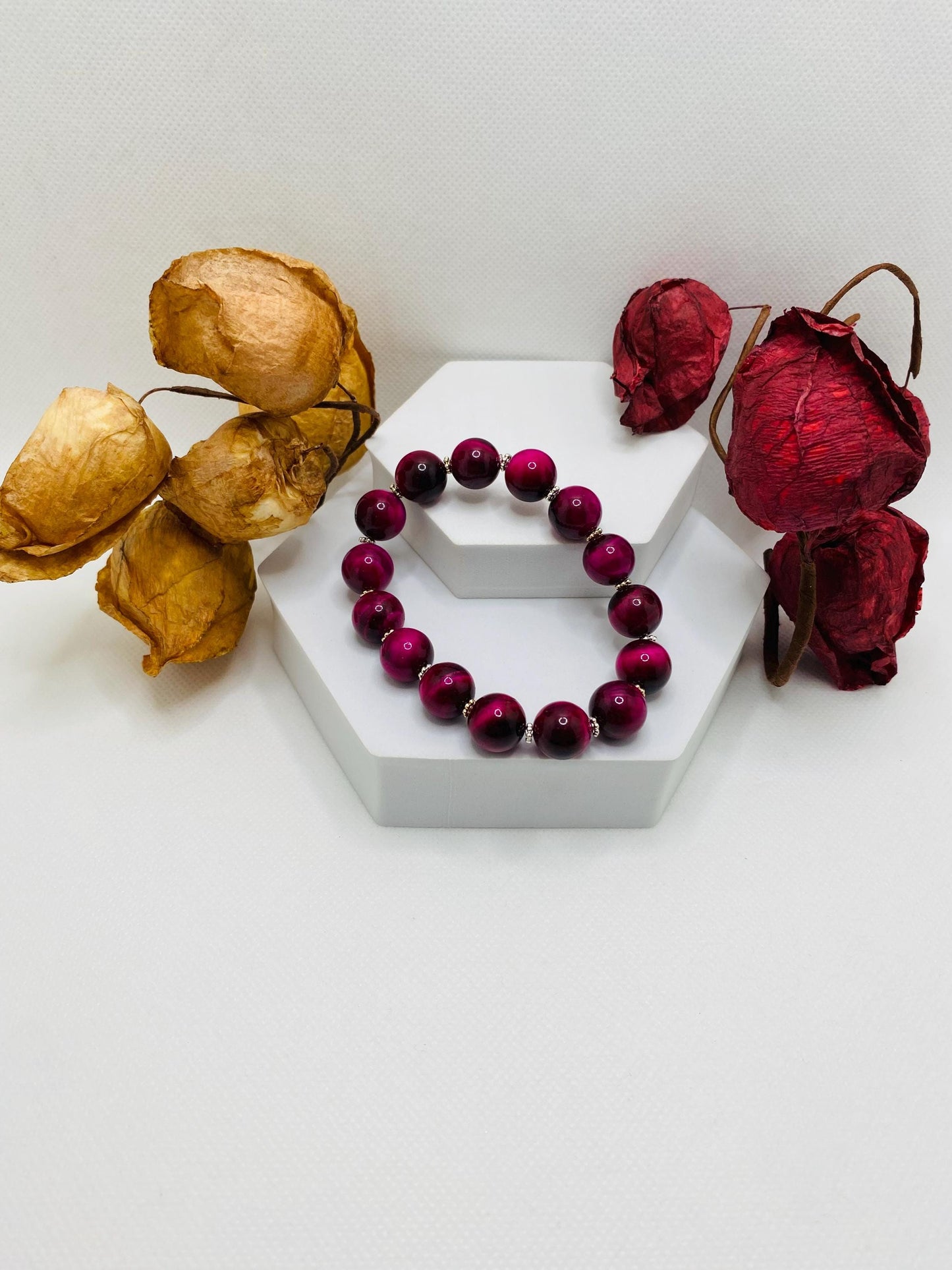 Chunky Rose Red Tigers Eye Bracelet: Handmade Gemstone Jewelry