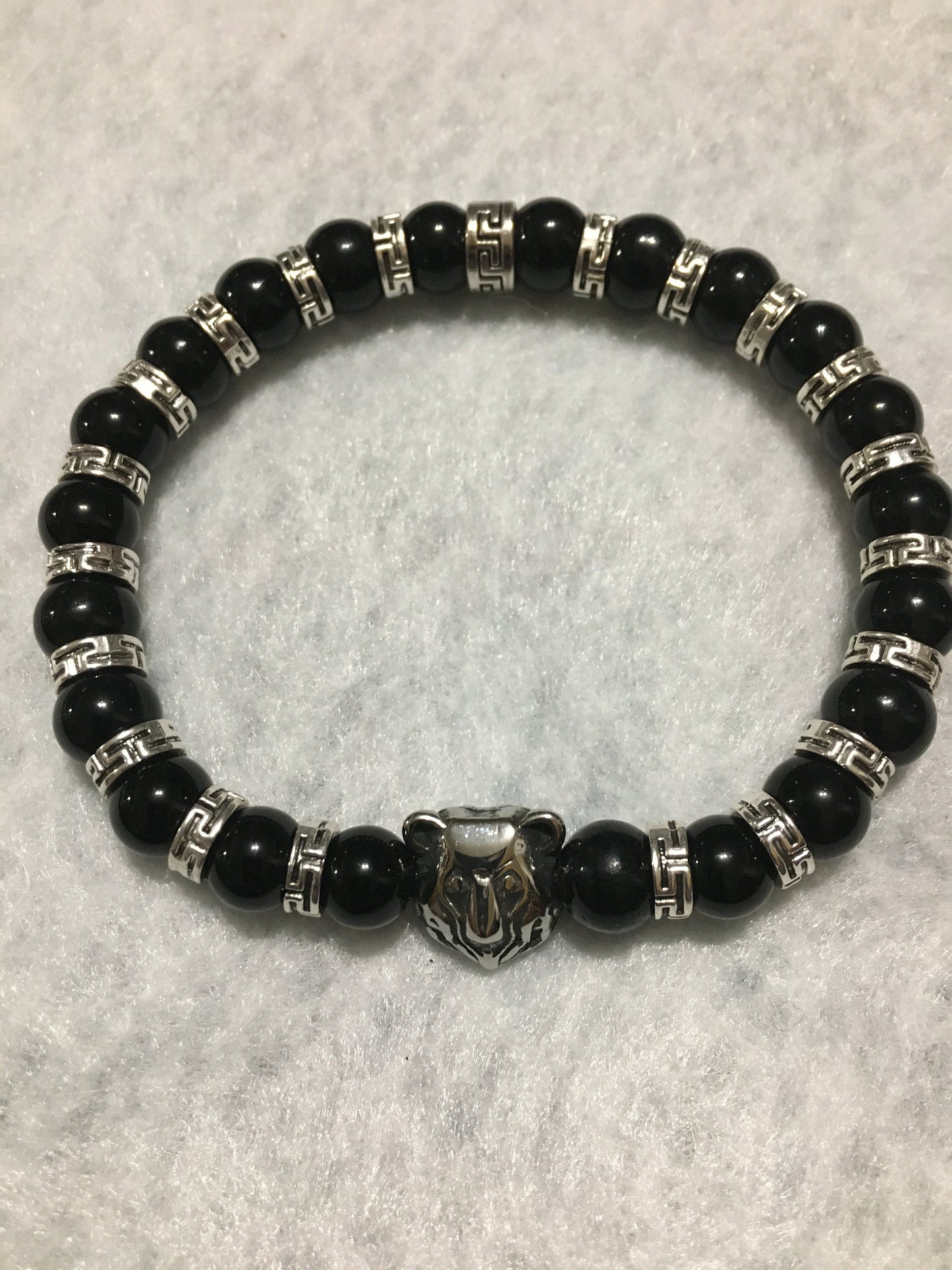 Chicago Bears Bracelet: Onyx Gemstone Beads, Stainless Steel Bear Charm