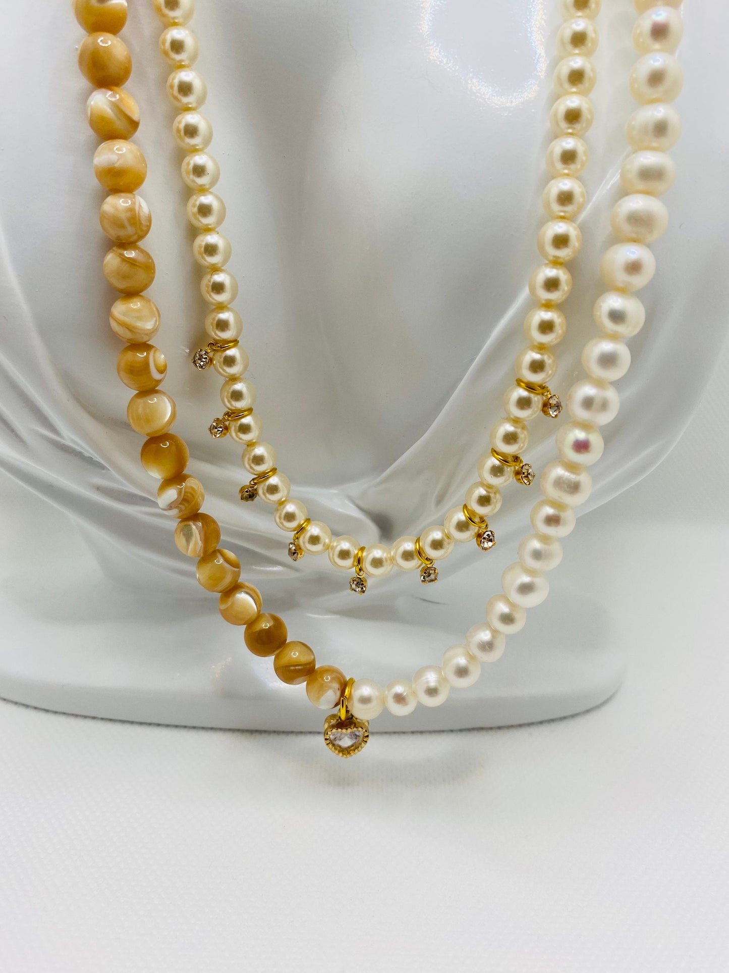 Handmade Mother of Pearl Necklace: Freshwater Pearl & CZ Heart Charm