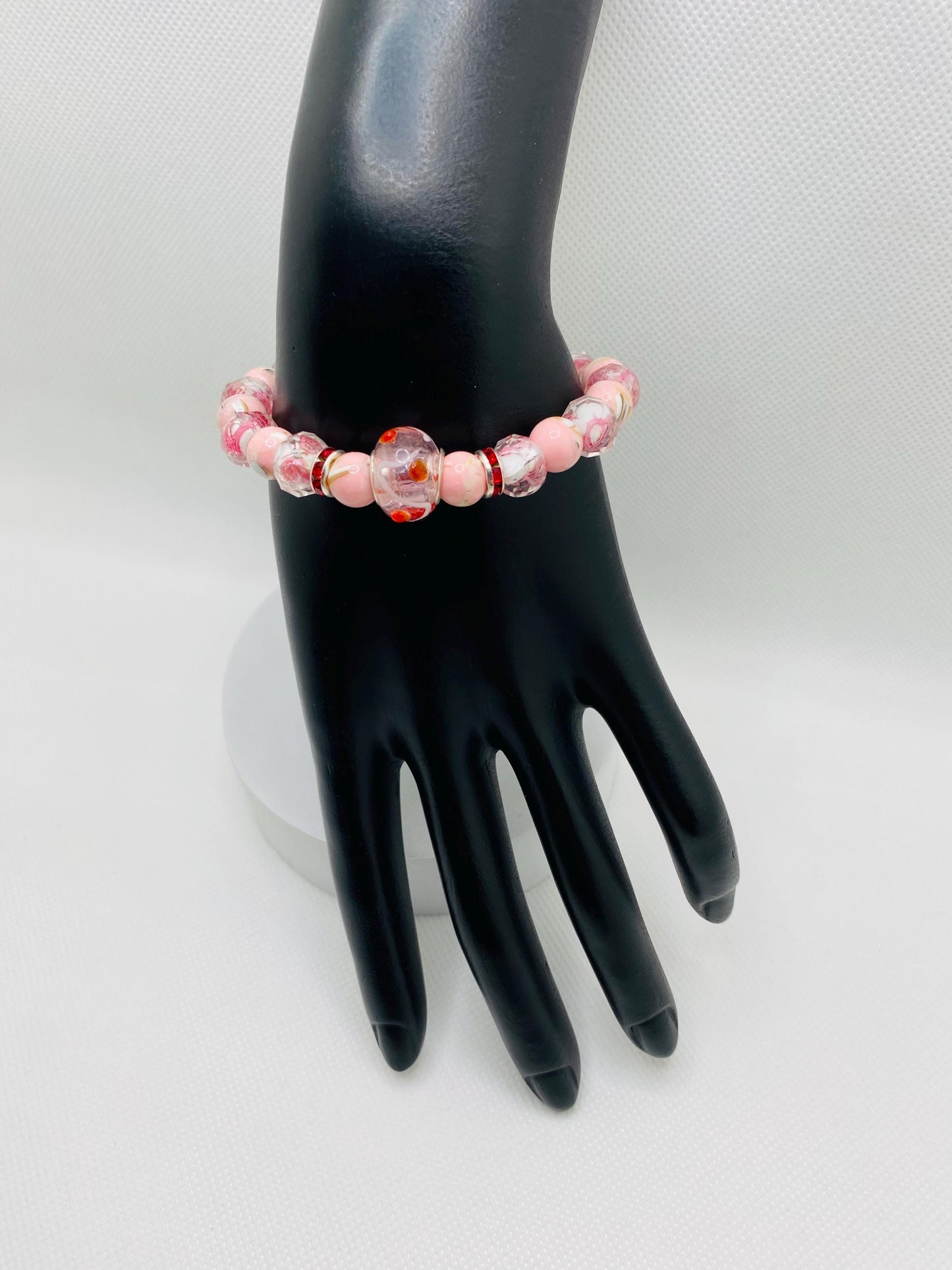 Pink Lampwork Glass Bead Bracelet: Floral Trochus Turquoise