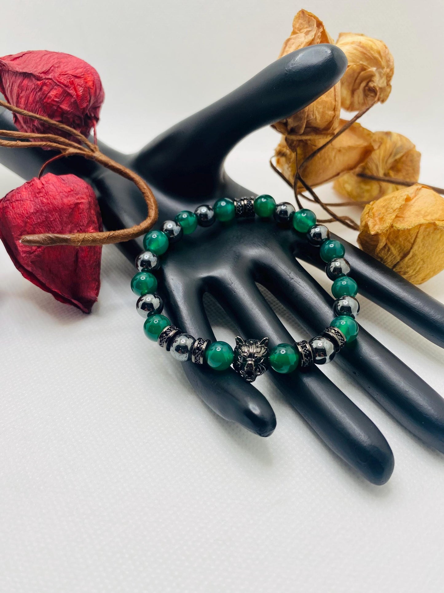 Black Wolf Charm Bracelet: Jade & Hematite Gemstone Beads