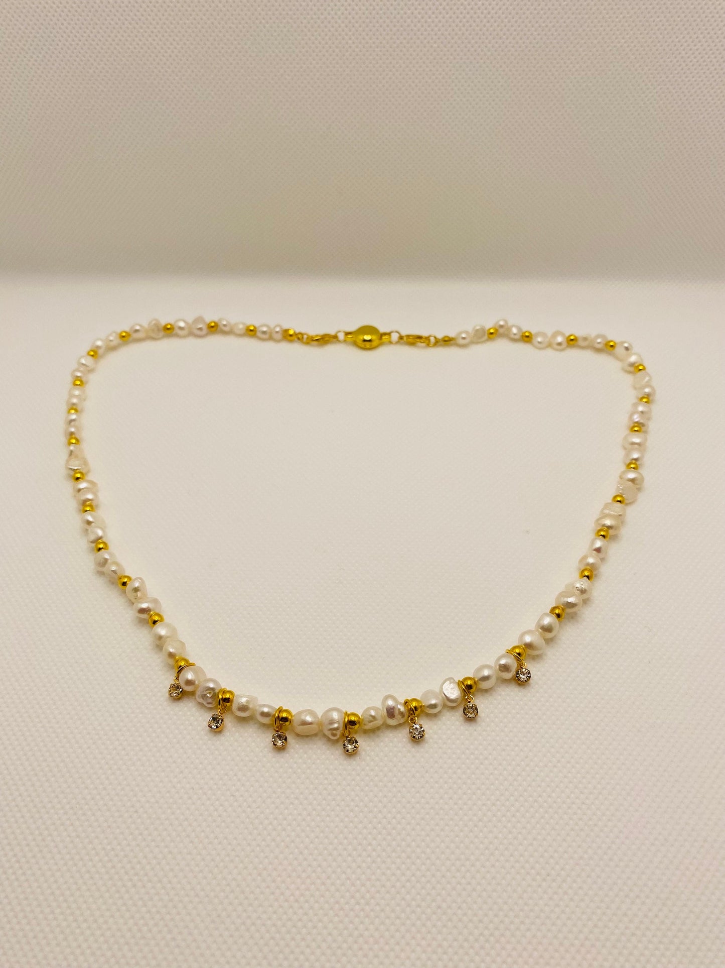 Baroque Pearl Necklace: 18k Gold Plated Hematite Beads, CZ Crystal Pendant