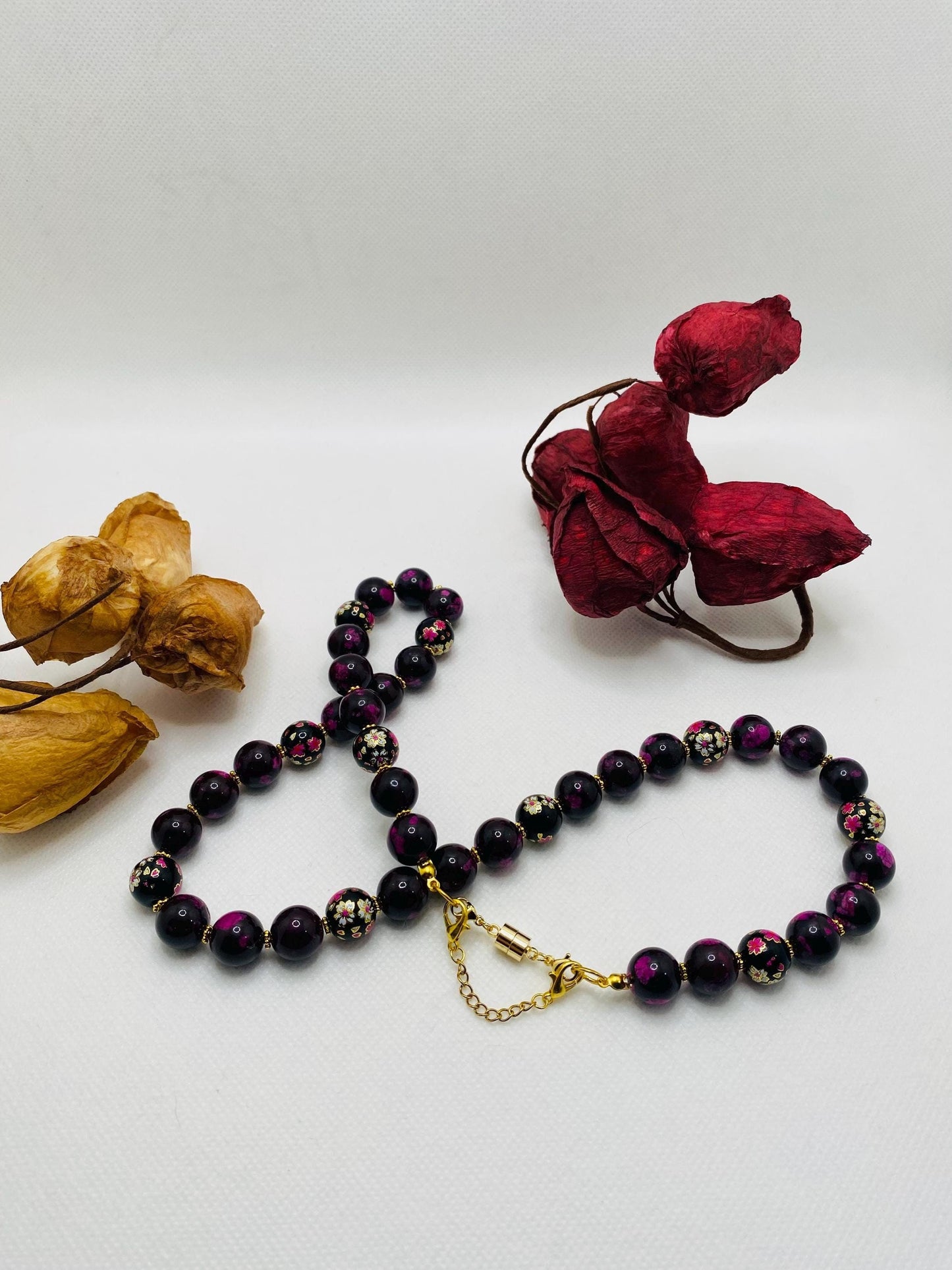 Dark Red Jasper Beaded Necklace: Floral Glass & Gold Accents