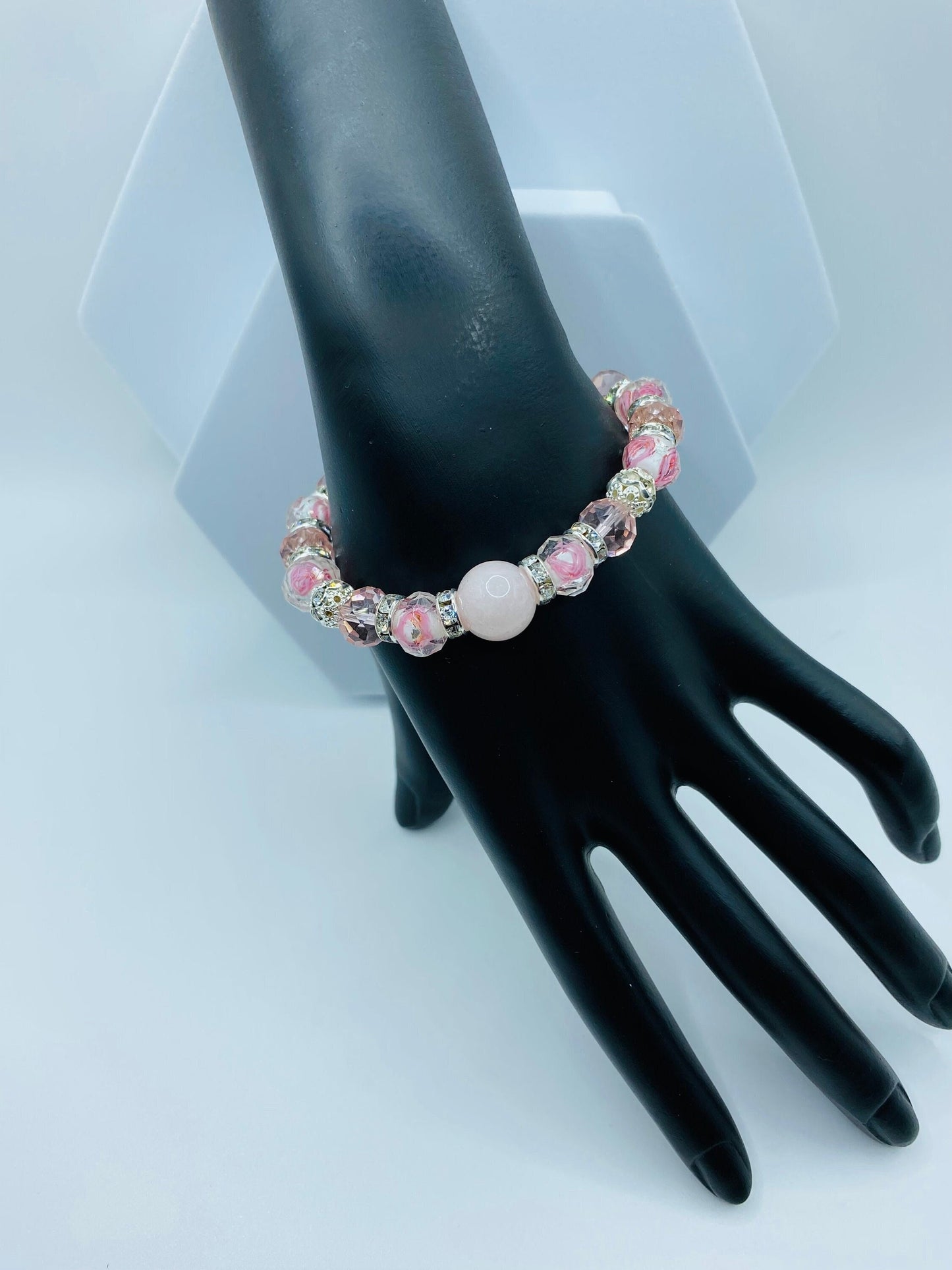 Lampwork Beads Flower Girl Bracelet - Rose Quartz Crystal Bracelets for Women - Pink Glass Beads
