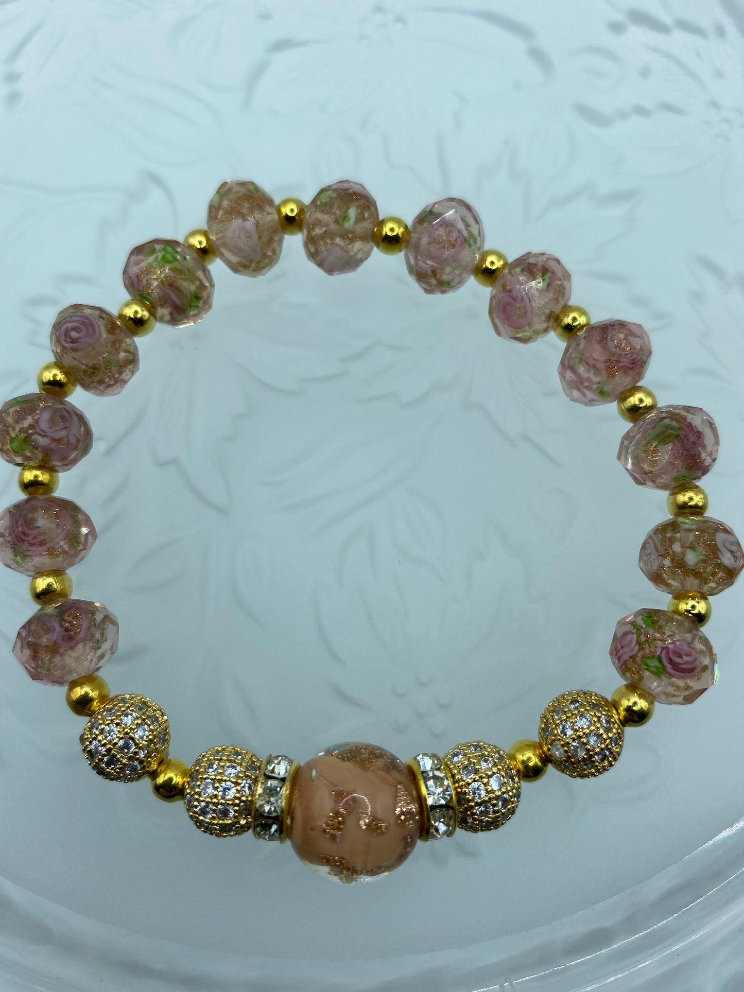 Gold Plated Hematite Bracelet: Pink Lampwork Murano Glass Floral Beads