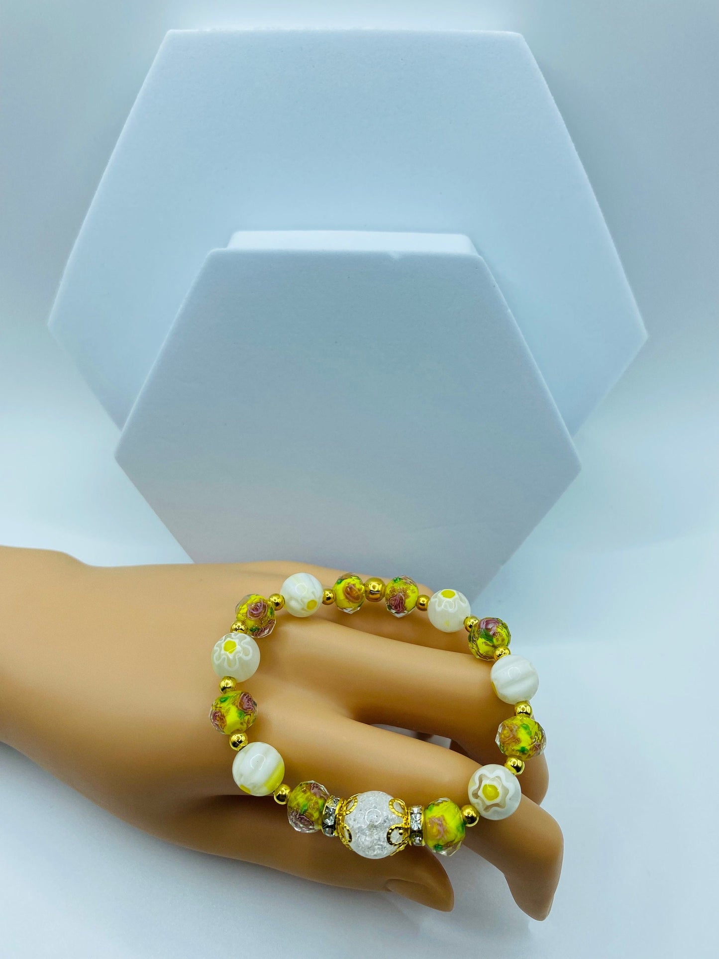 Lampwork Glass Bead Bracelet: Boho Floral Jewelry, Gold Hematite Accent