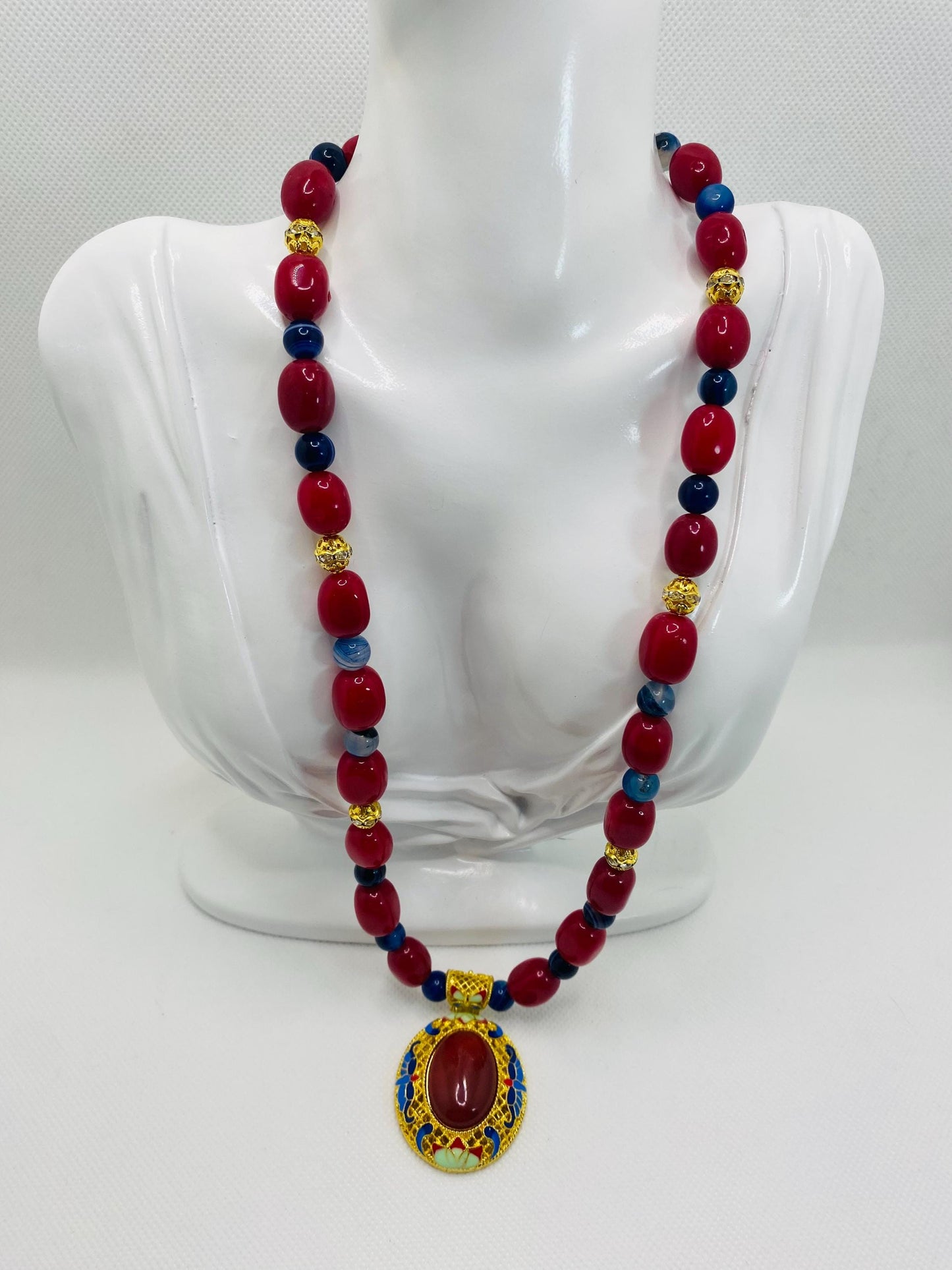 Chalcedony Pendant Necklace: Red Jade & Agate Gemstone Boho Jewelry