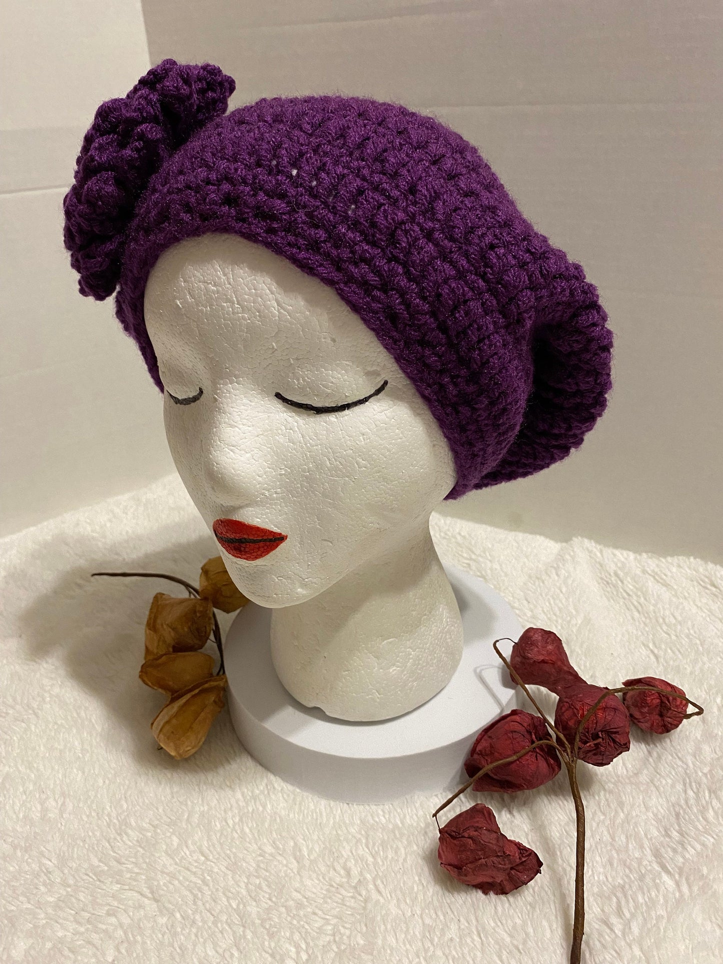 Handmade Crochet Hat with Flower: Purple Acrylic Beanie