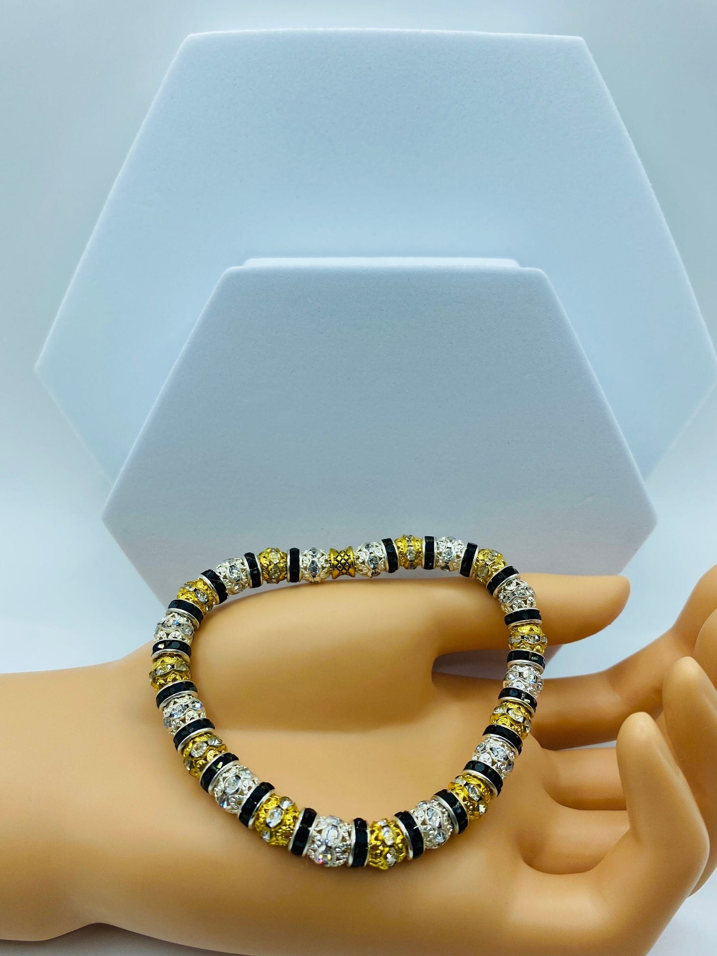 Mens Rhinestone Bracelet: Gold & Silver Plated CZ Beads