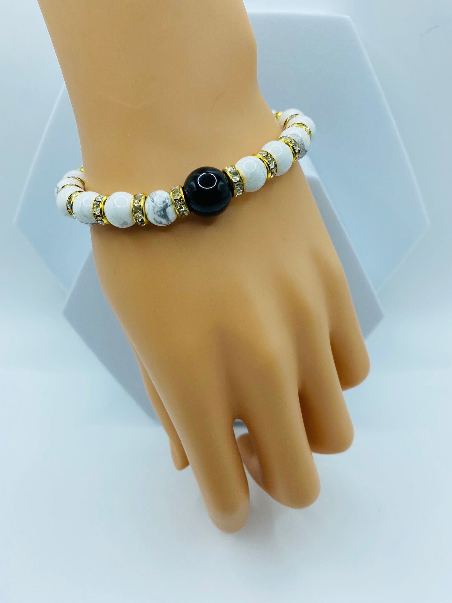 Mens Black Onyx & Howlite Gemstone Bracelet with Rhinestones
