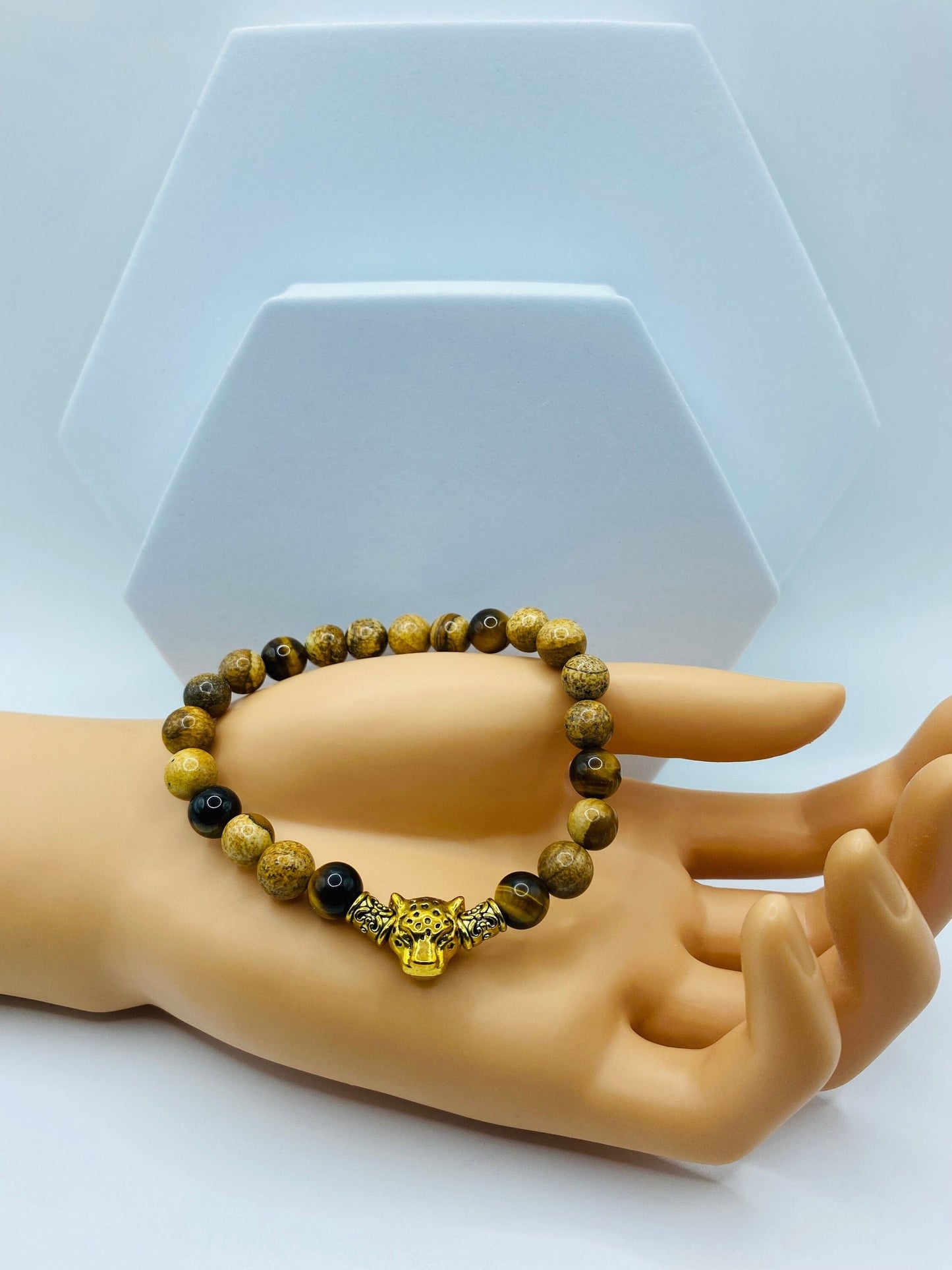 Mens Leopard Bracelet: Jasper & Tiger's Eye Gemstone Beads