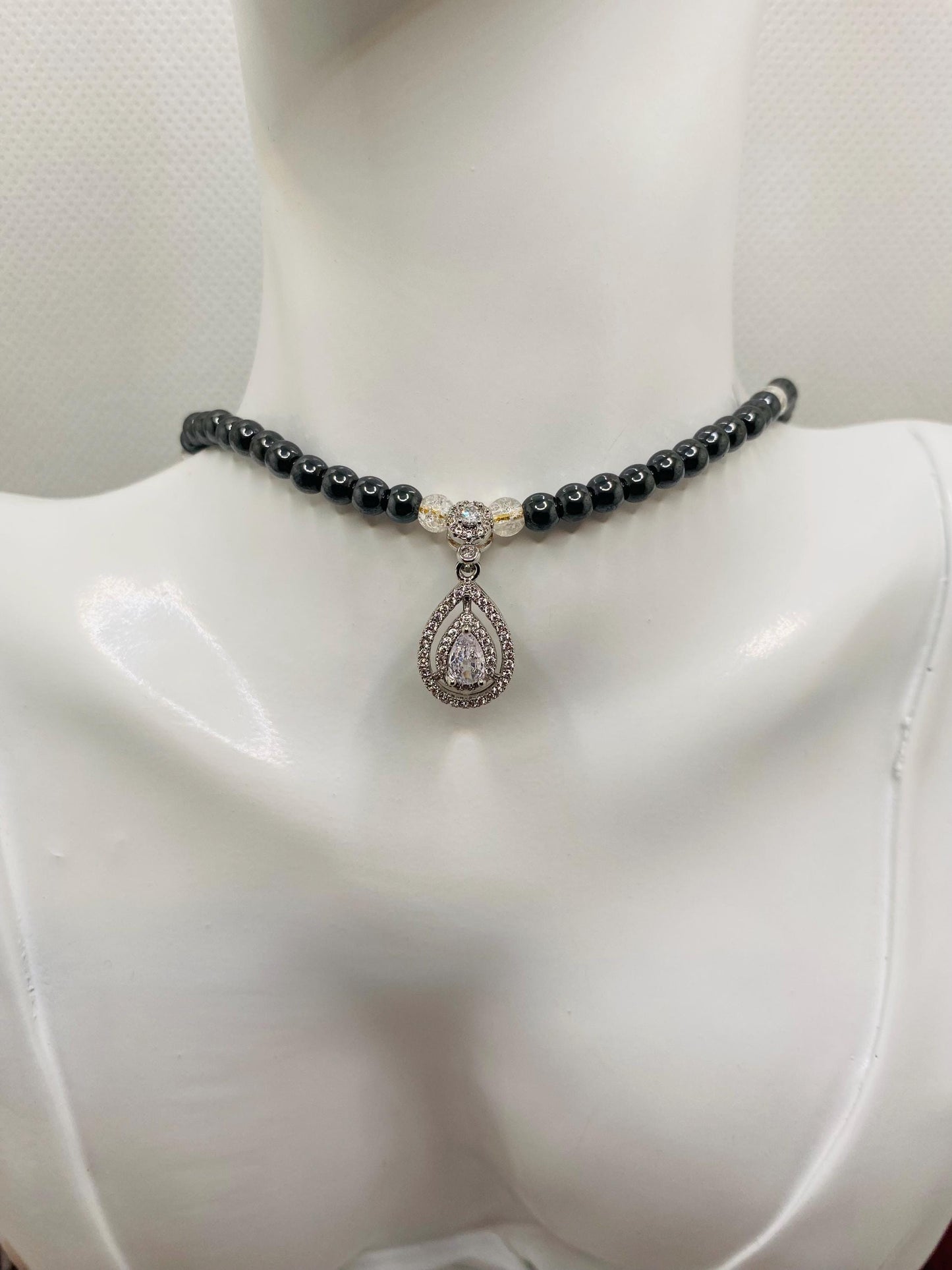 Womens Necklace Handmade Jewelry - Hematite Gemstone Beads & Zirconia Pendant, Gifts for her, Crystal Necklace