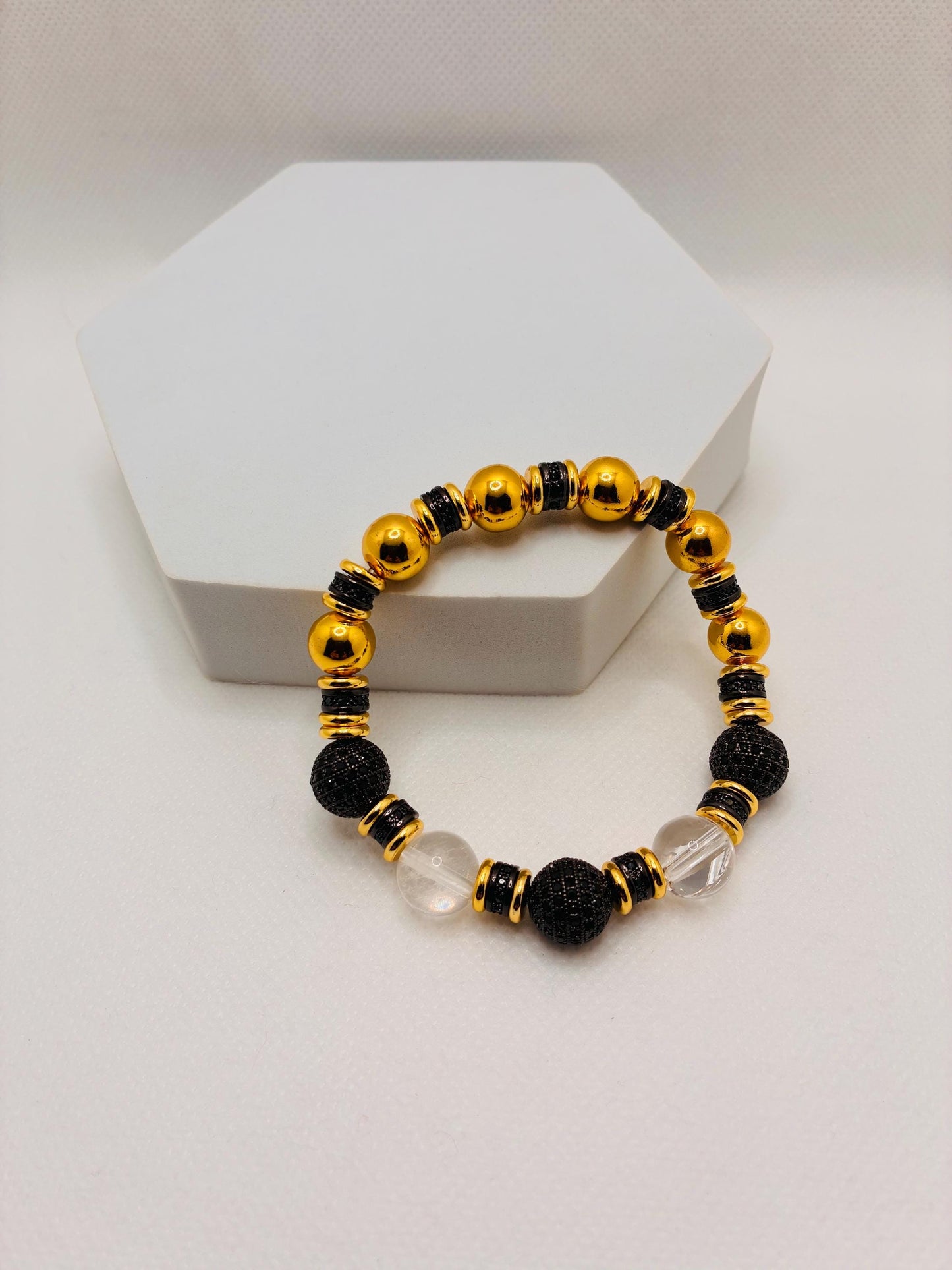 Gold Plated Hematite Bracelet: Clear Quartz & Black Zirconia Beads