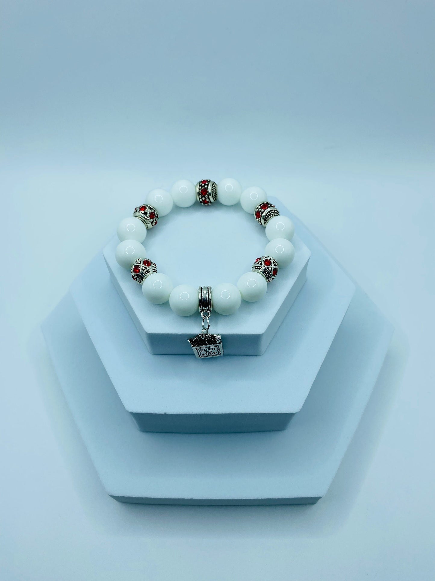 Porcelain Charm Bracelet: Red Rhinestone Handbag Pendant, Antique Silver