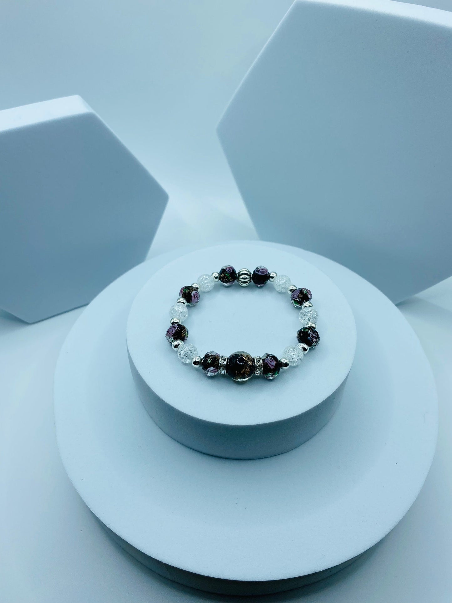 Lampwork Flower Glass Bead Bracelet: Crystal Quartz & Hematite Gemstone