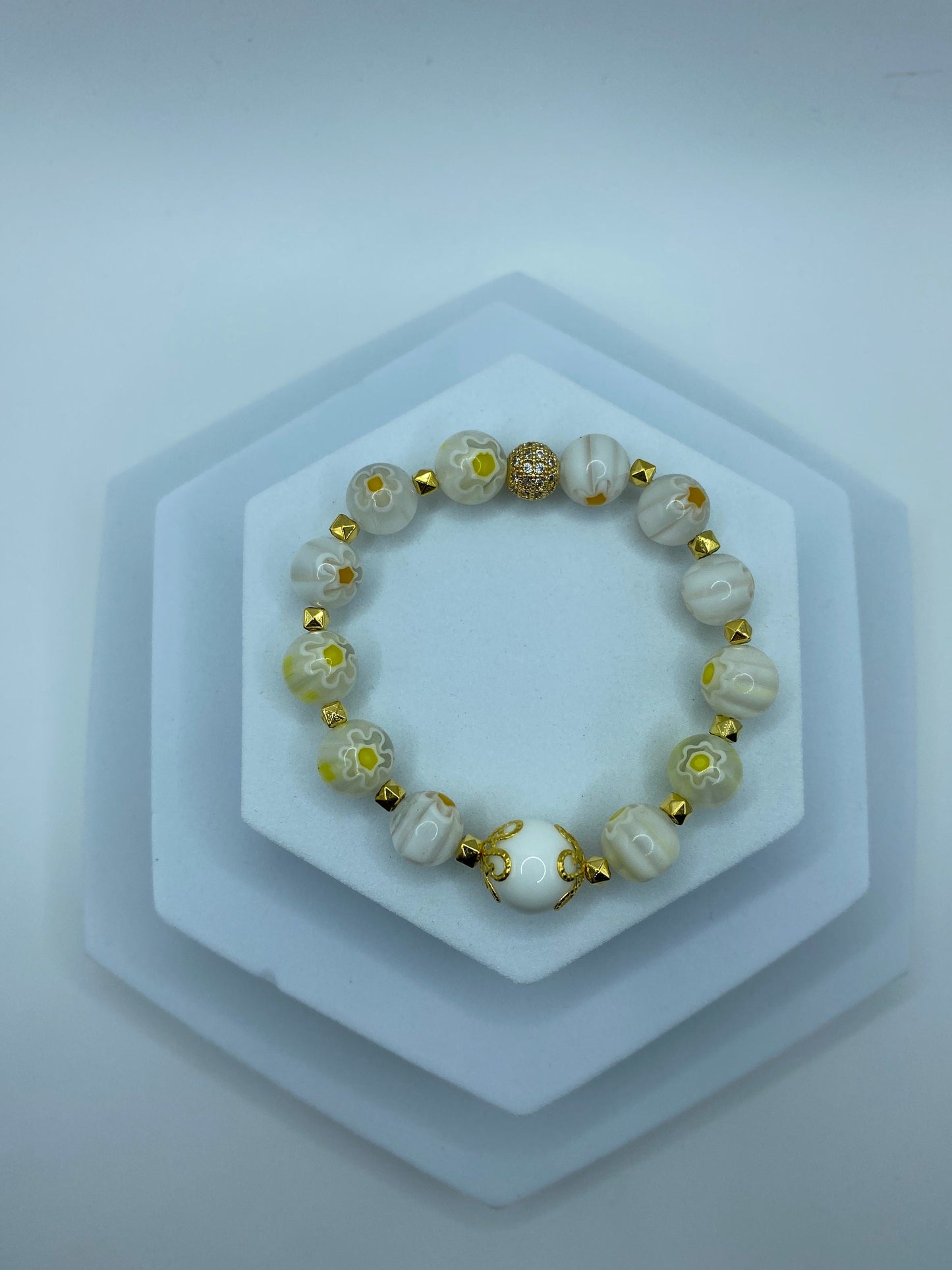 White Jade Bracelet: Millefiori Lampwork Glass Beads, 18k Gold-Plated Accents