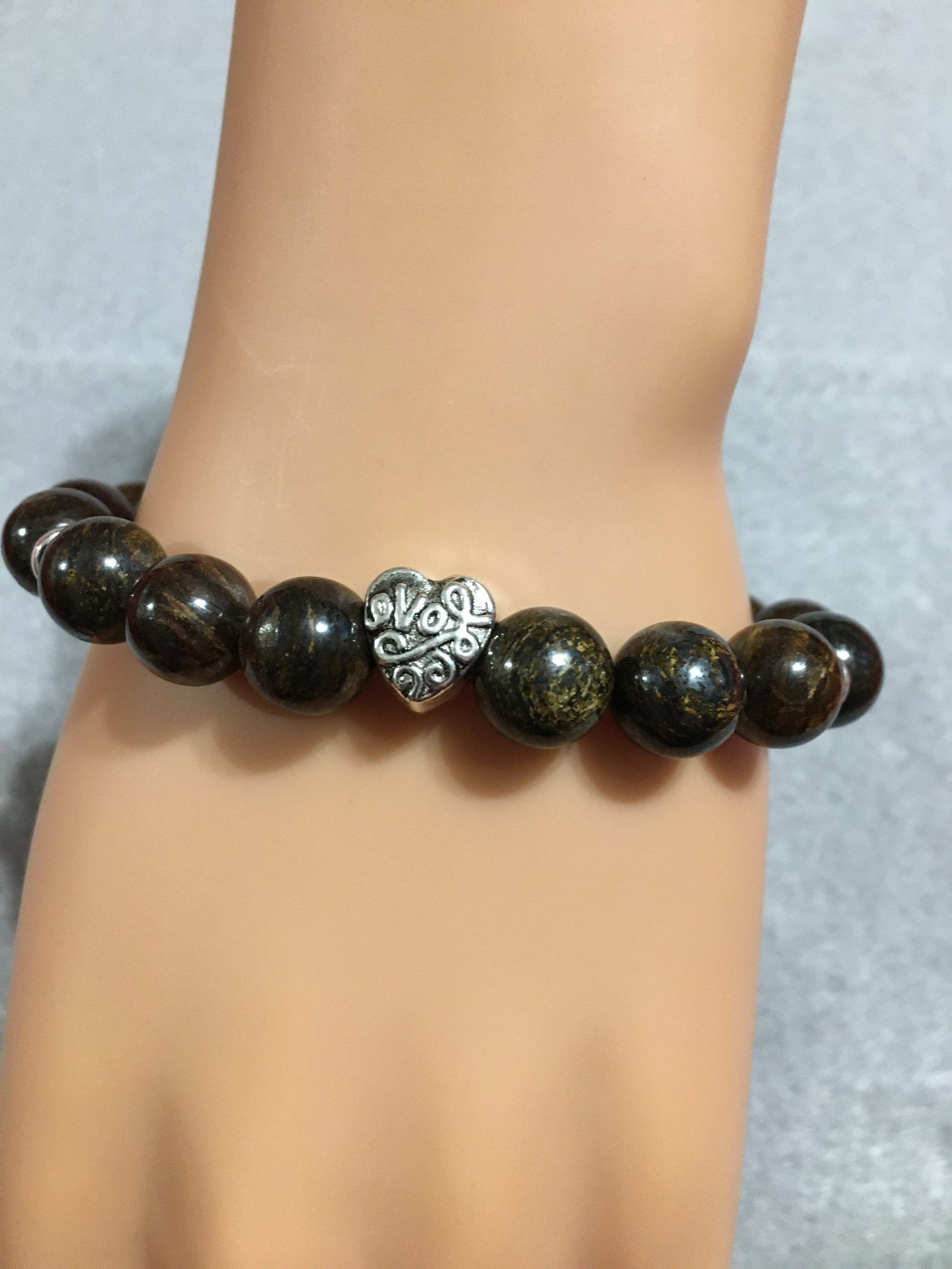 Bronzite Gemstone Bracelet with Love Heart Charm & Hematite Spacers