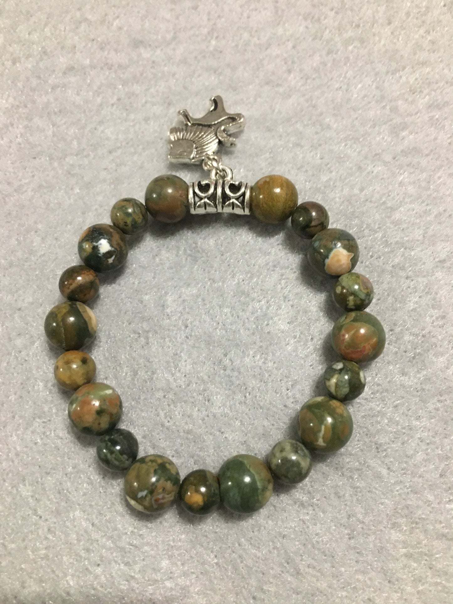 Lion Charm Bracelet: Rhyolite Gemstone Beads, Antique Silver Lion