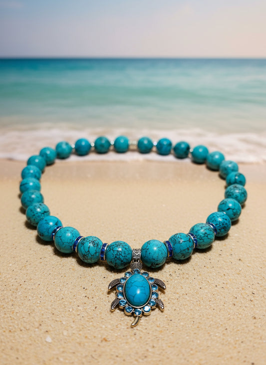 Turquoise Sea Turtle Necklace: Rhinestone Pendant, Boho Jewelry
