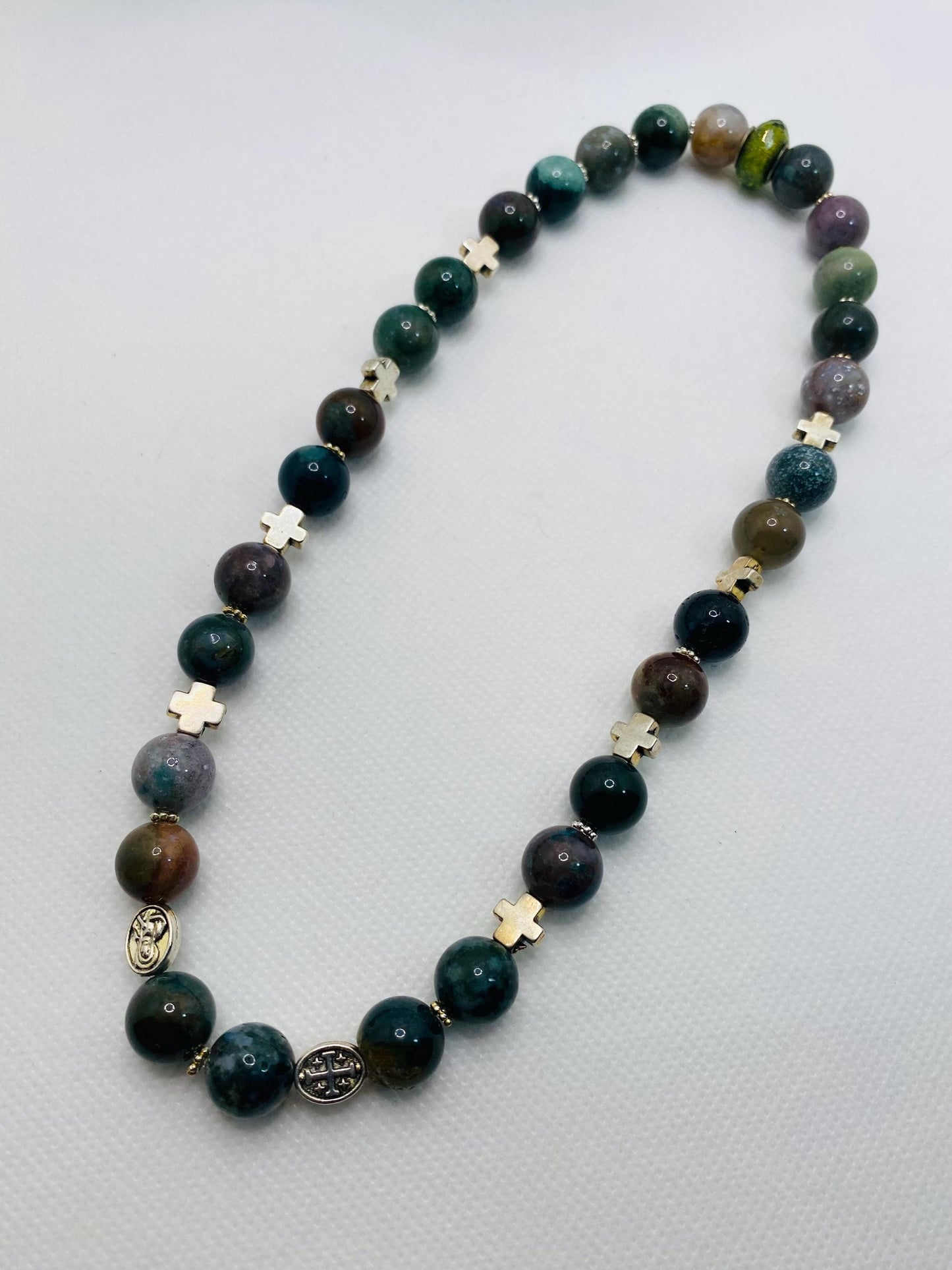 Moss Agate Necklace: Religious Cross Medallion, Antique Silver