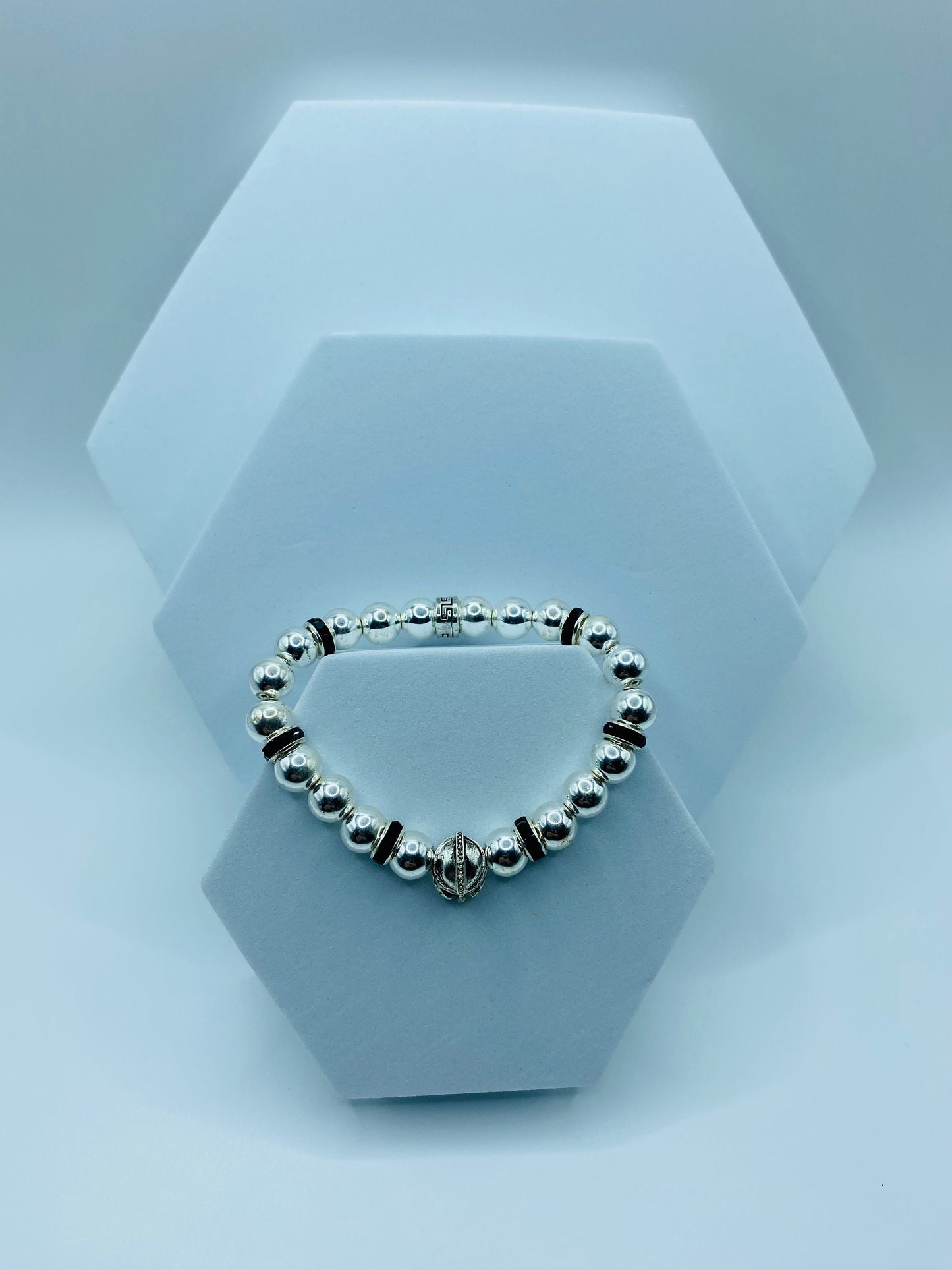 Mens Spartan Helmet Bracelet: Silver Hematite Gemstone Beads, Medieval Jewelry