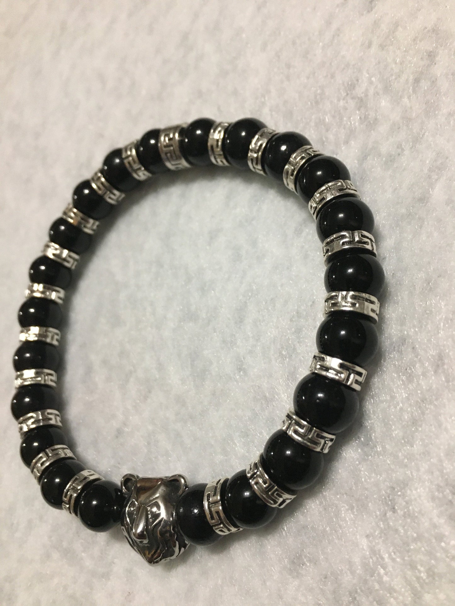 Chicago Bears Bracelet: Onyx Gemstone Beads, Stainless Steel Bear Charm