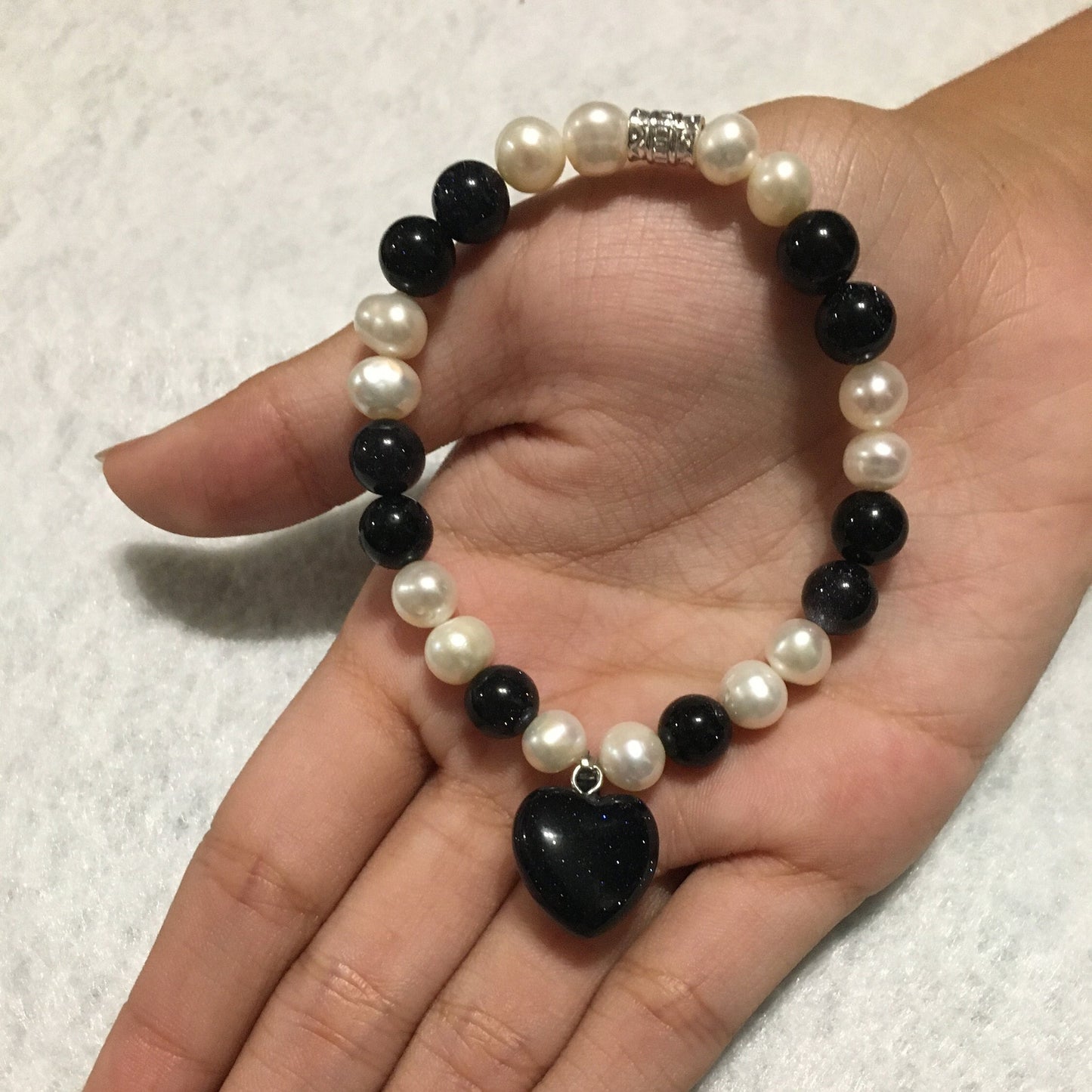 Pearl Bracelet: Blue Sandstone Heart Pendant, Handmade Jewelry