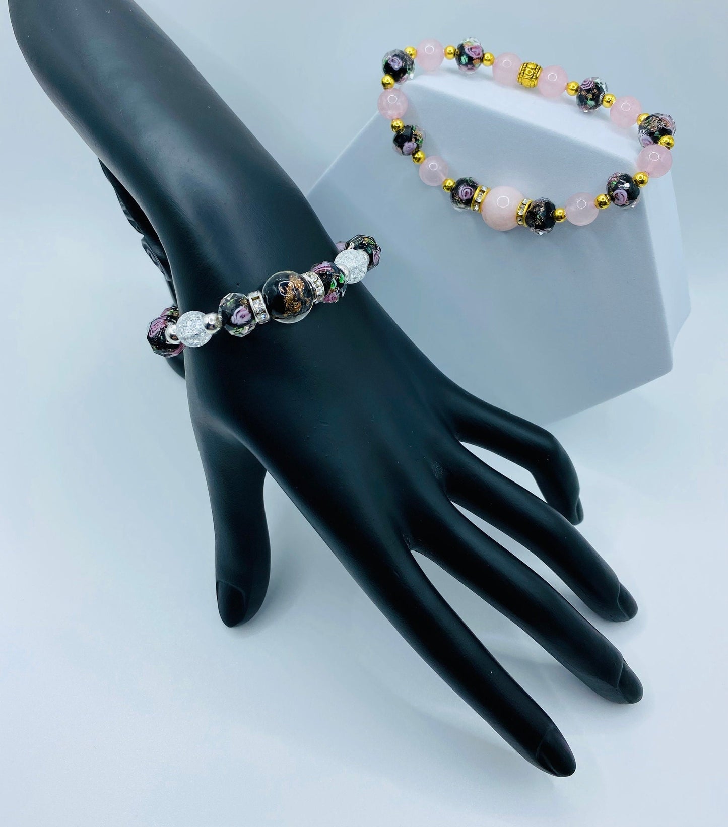 Lampwork Flower Glass Bead Bracelet: Crystal Quartz & Hematite Gemstone