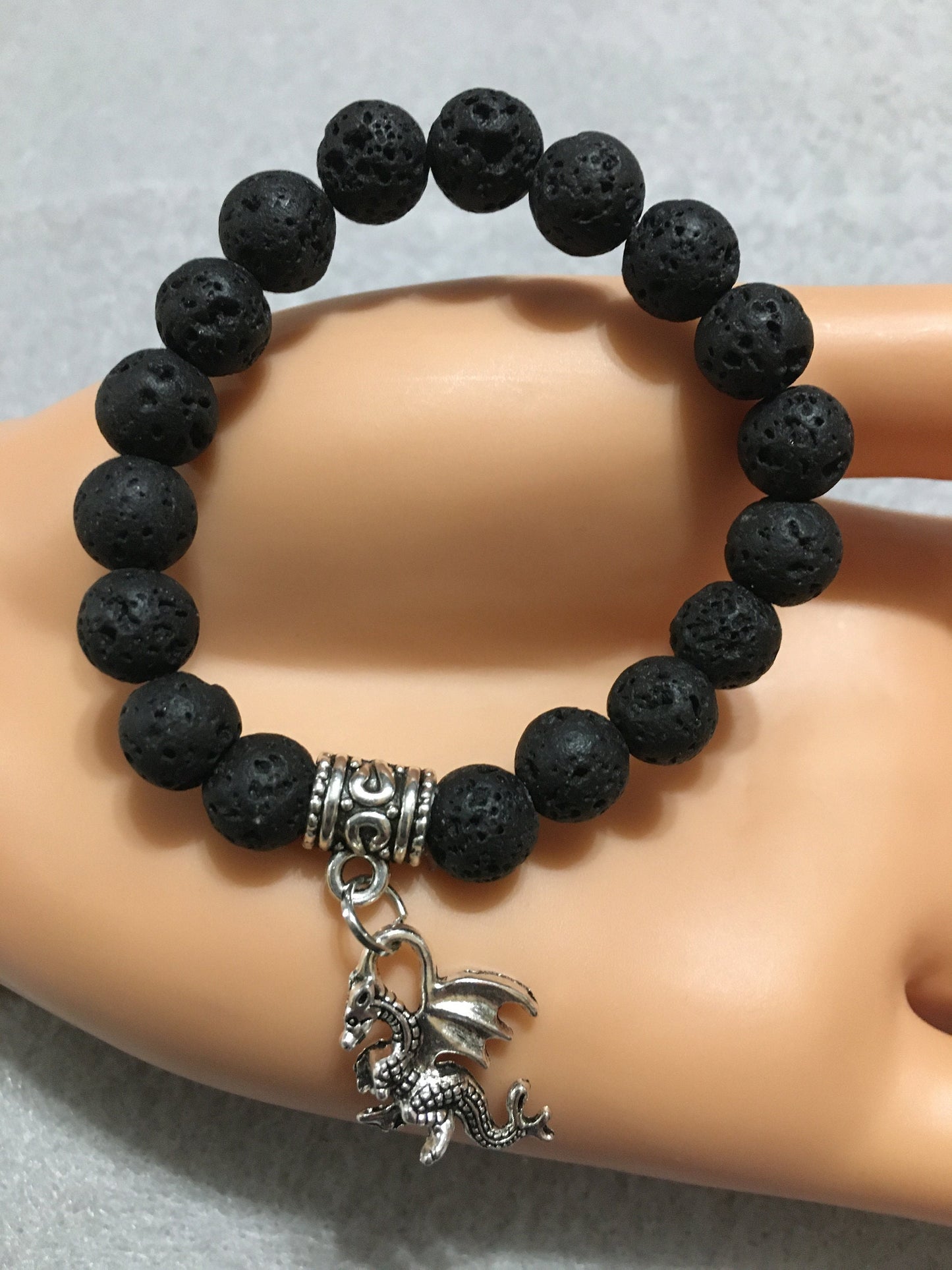 Lava Rock Dragon Bracelet: Antique Silver Charm, Gemstone Beads