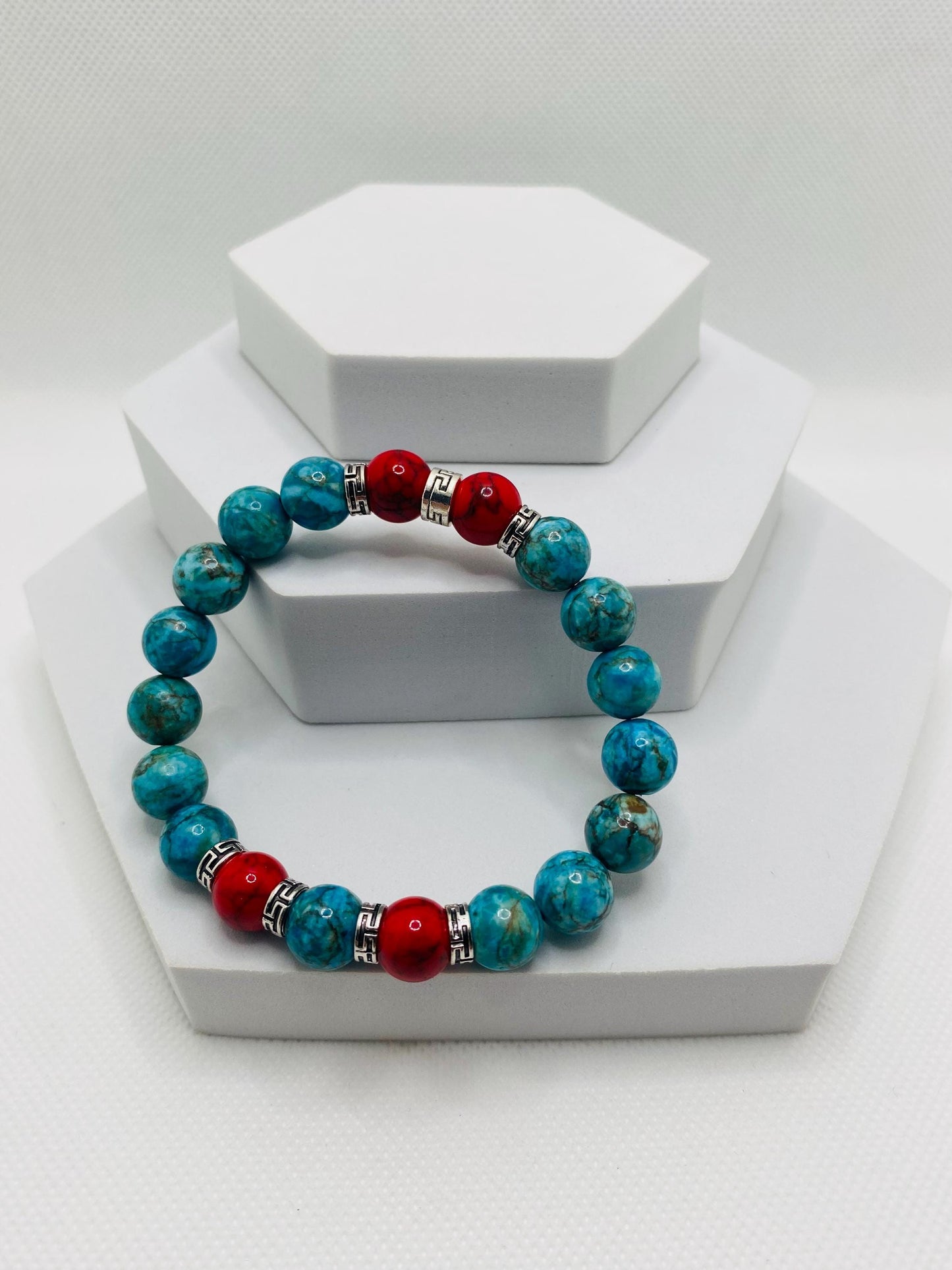 Turquoise & Red Gemstone Bracelet with Tibetan Spacers