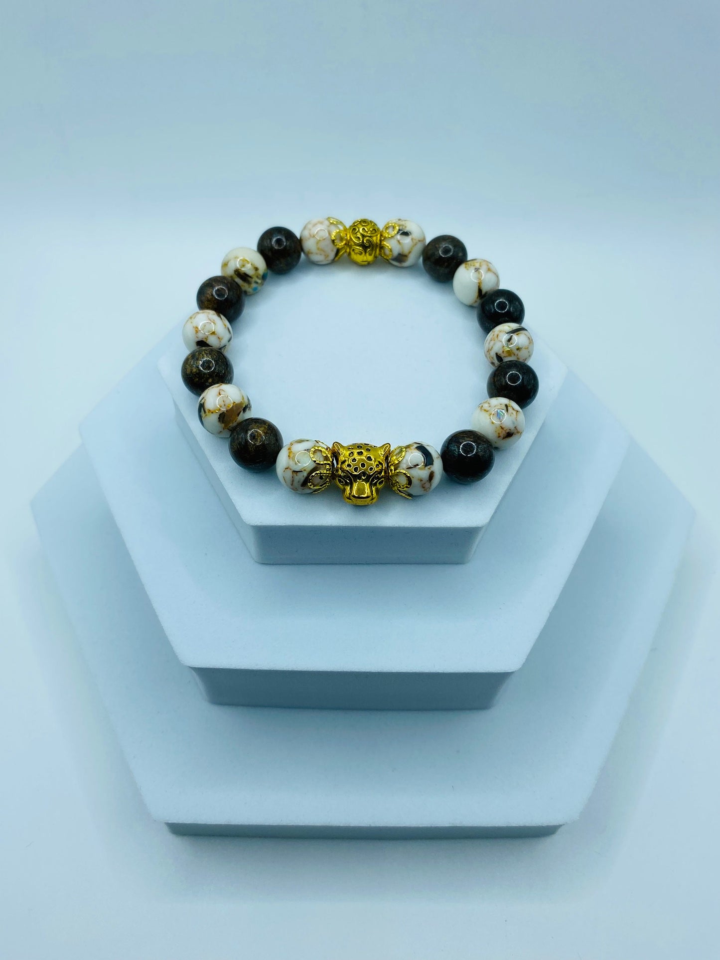 Leopard Charm Bracelet: Bronzite & White Shell Turquoise Gemstone Beads