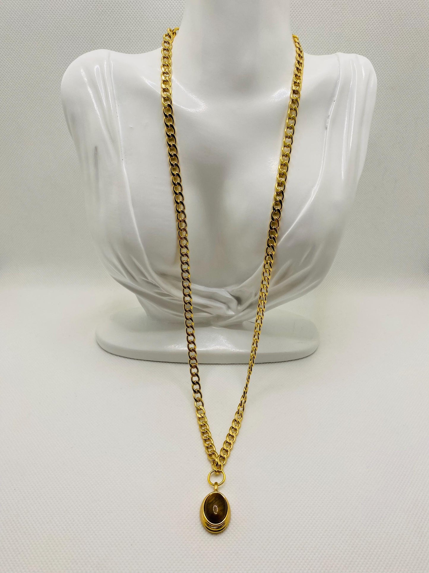 Gold Plated Tigers Eye Pendant Necklace: Cuban Link Chain