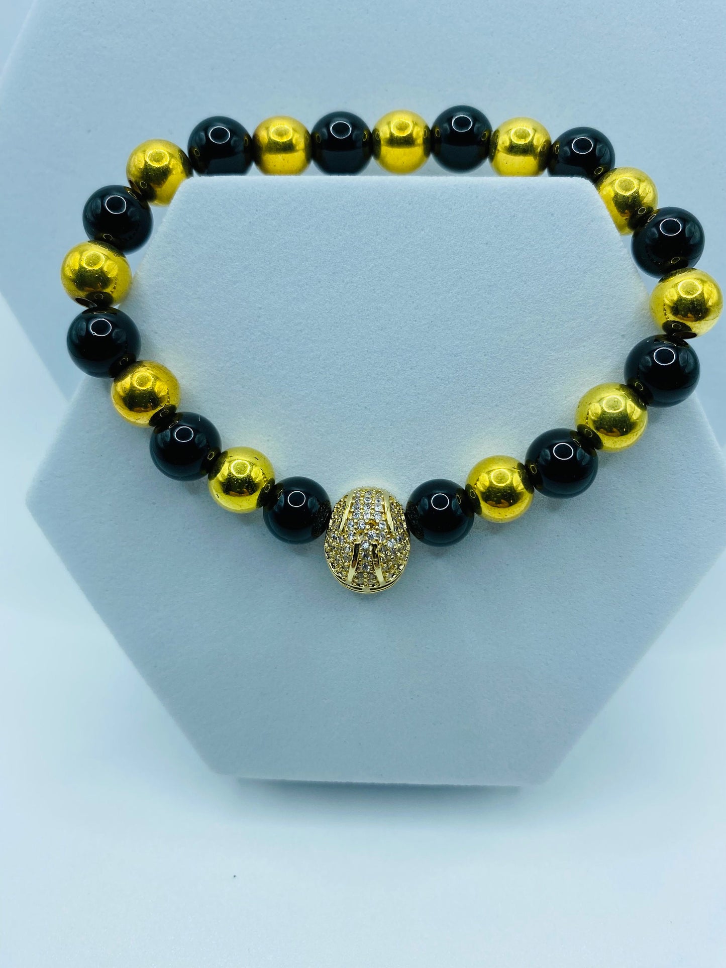 New Orleans Saints Bracelet: Onyx & Gold Hematite Football Helmet